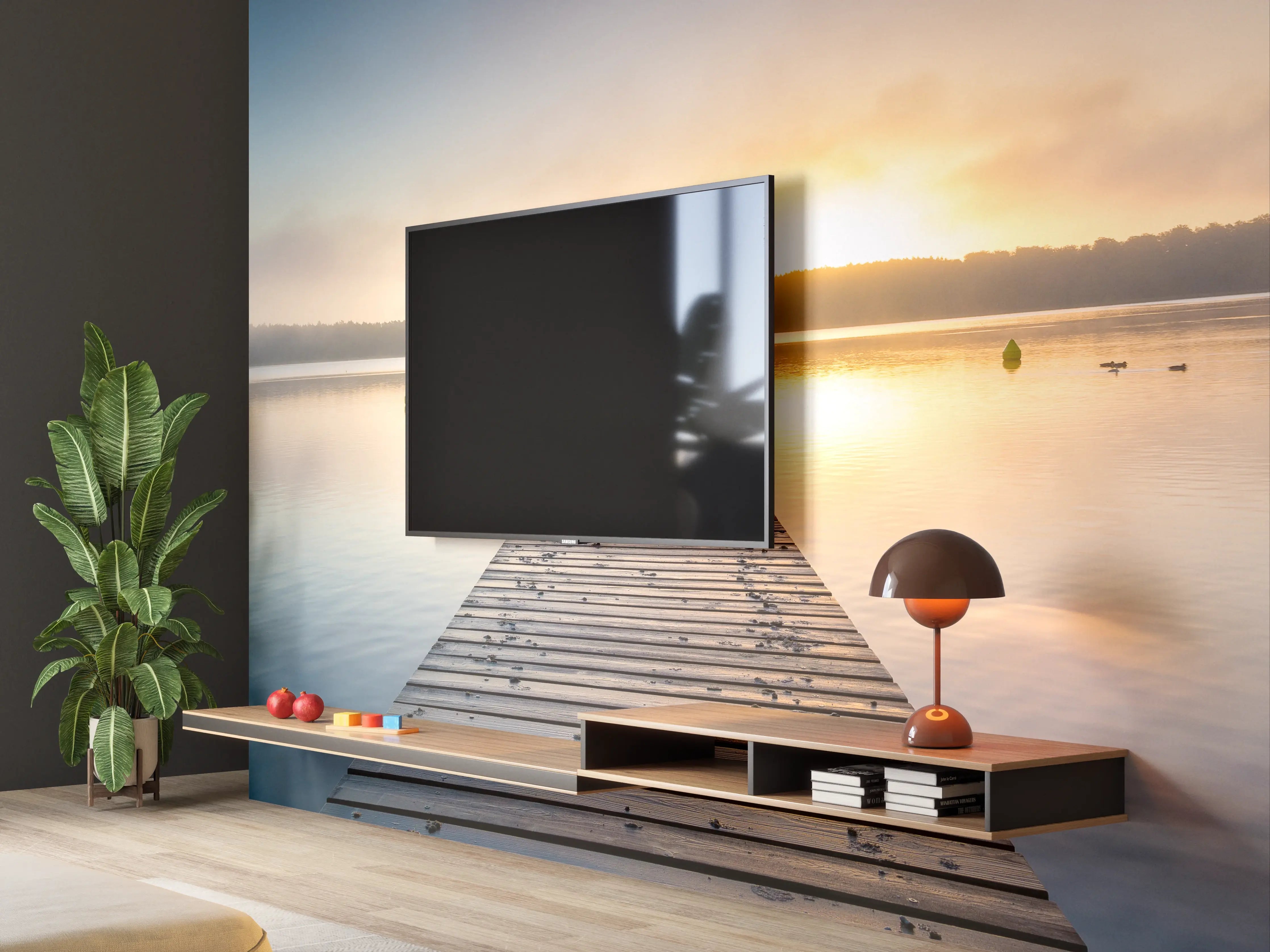 Wandverkleidung Wohnzimmer - Sonnenaufgang am See mit Nebel
