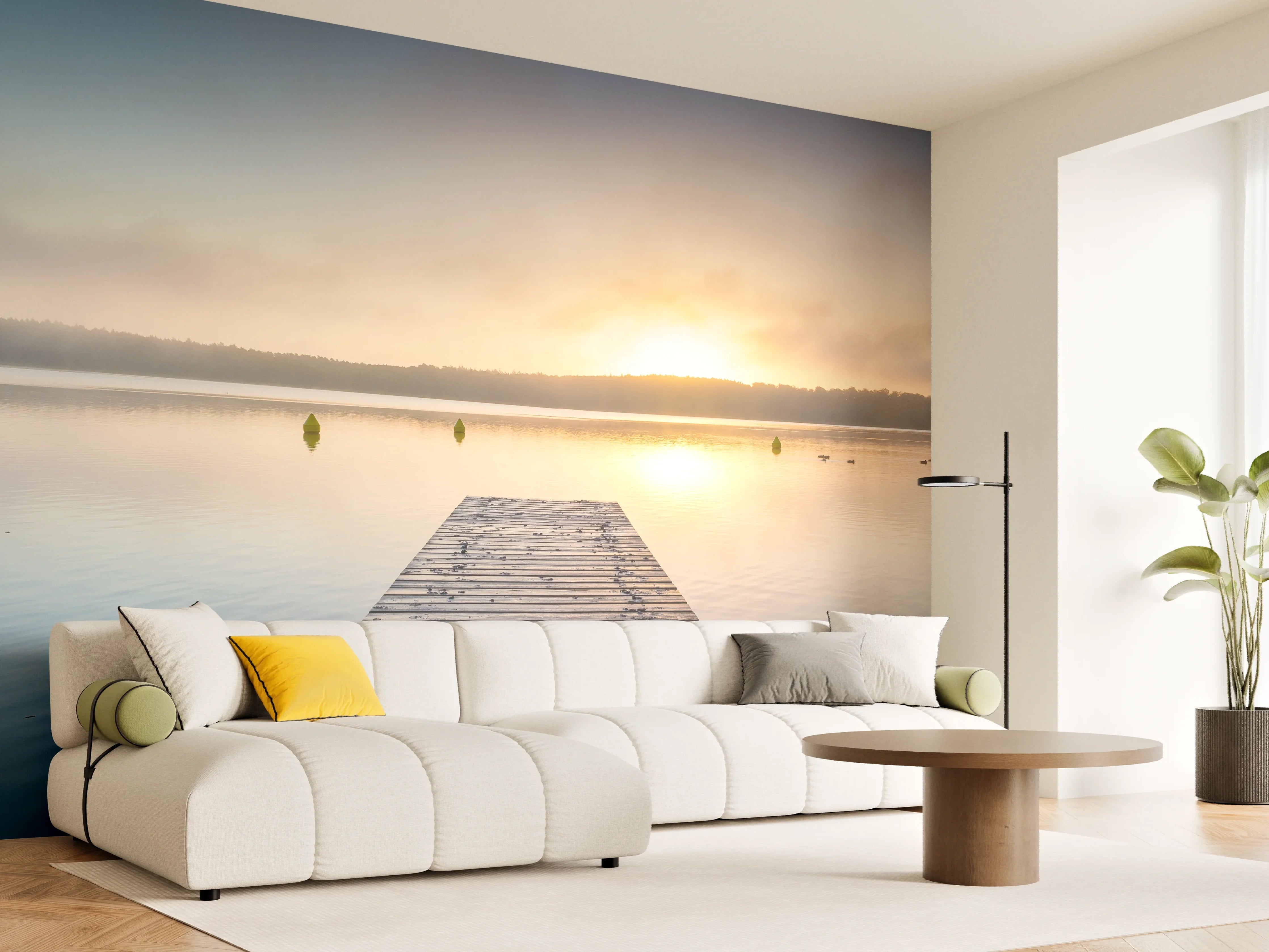 Wandverkleidung Wohnzimmer - Sonnenaufgang am See mit Nebel