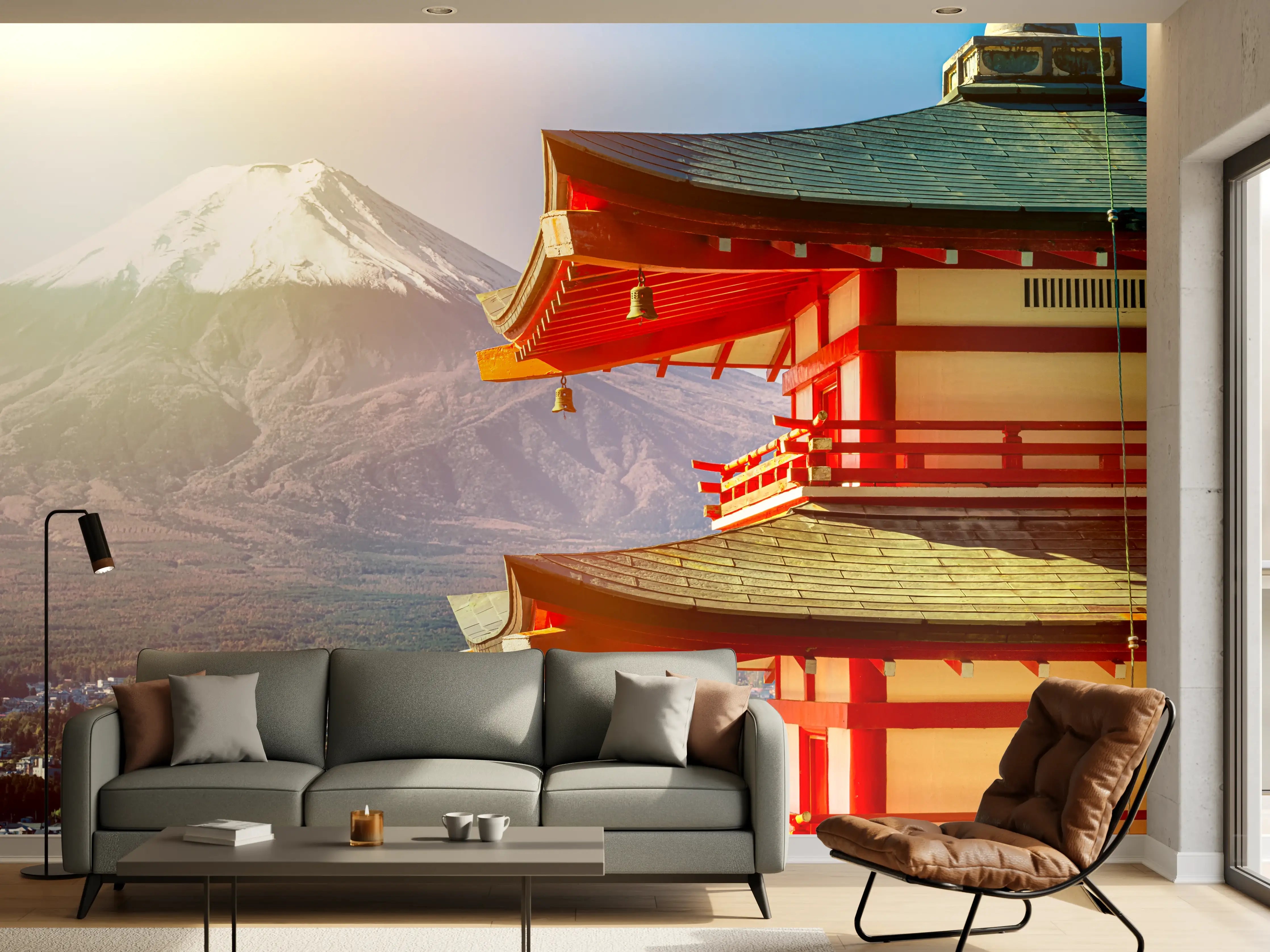 Wandverkleidung Wohnzimmer - Sonnenaufgang des Berges Fuji und rote Pagode