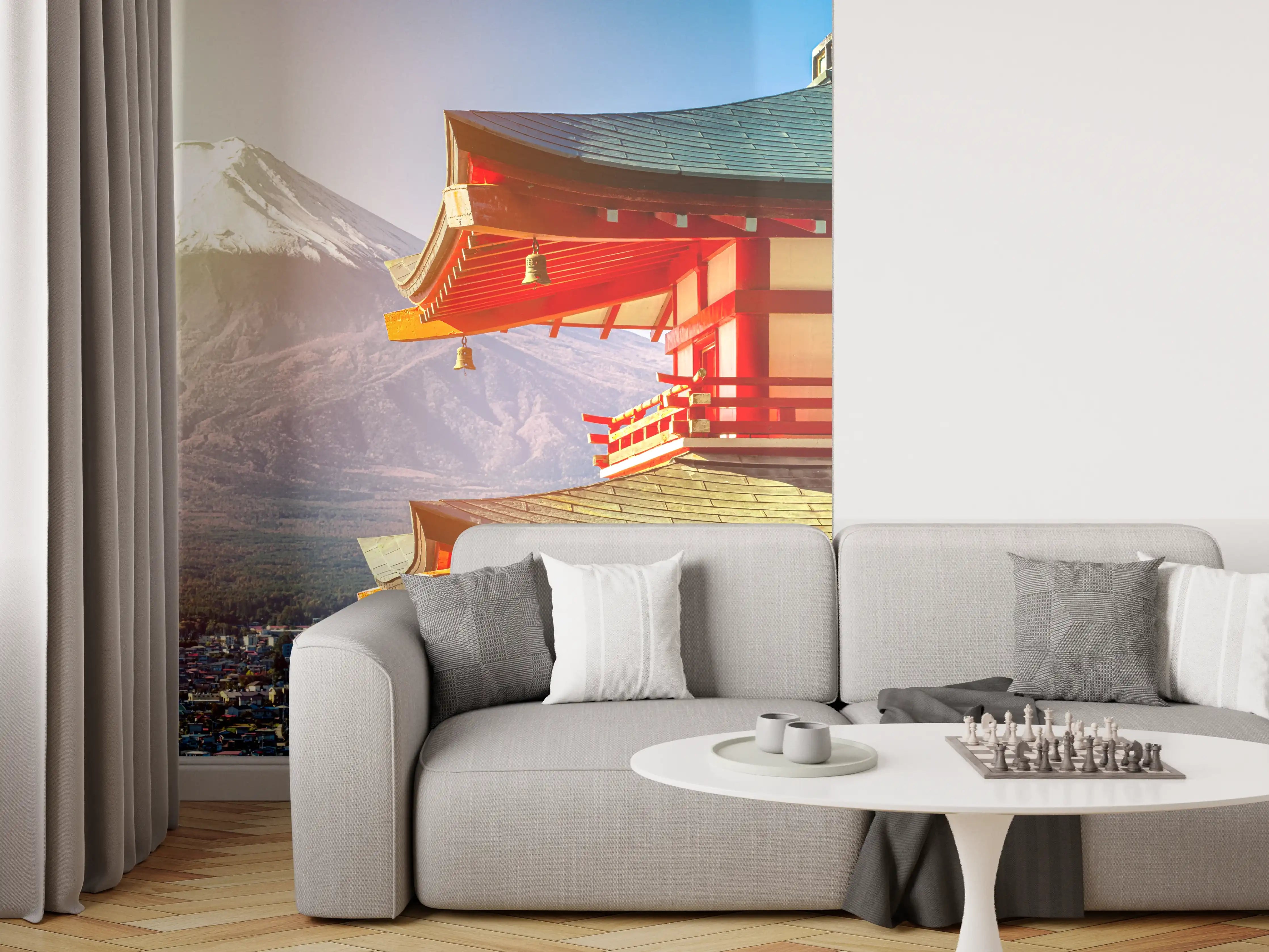 Wandverkleidung Wohnzimmer - Sonnenaufgang des Berges Fuji und rote Pagode
