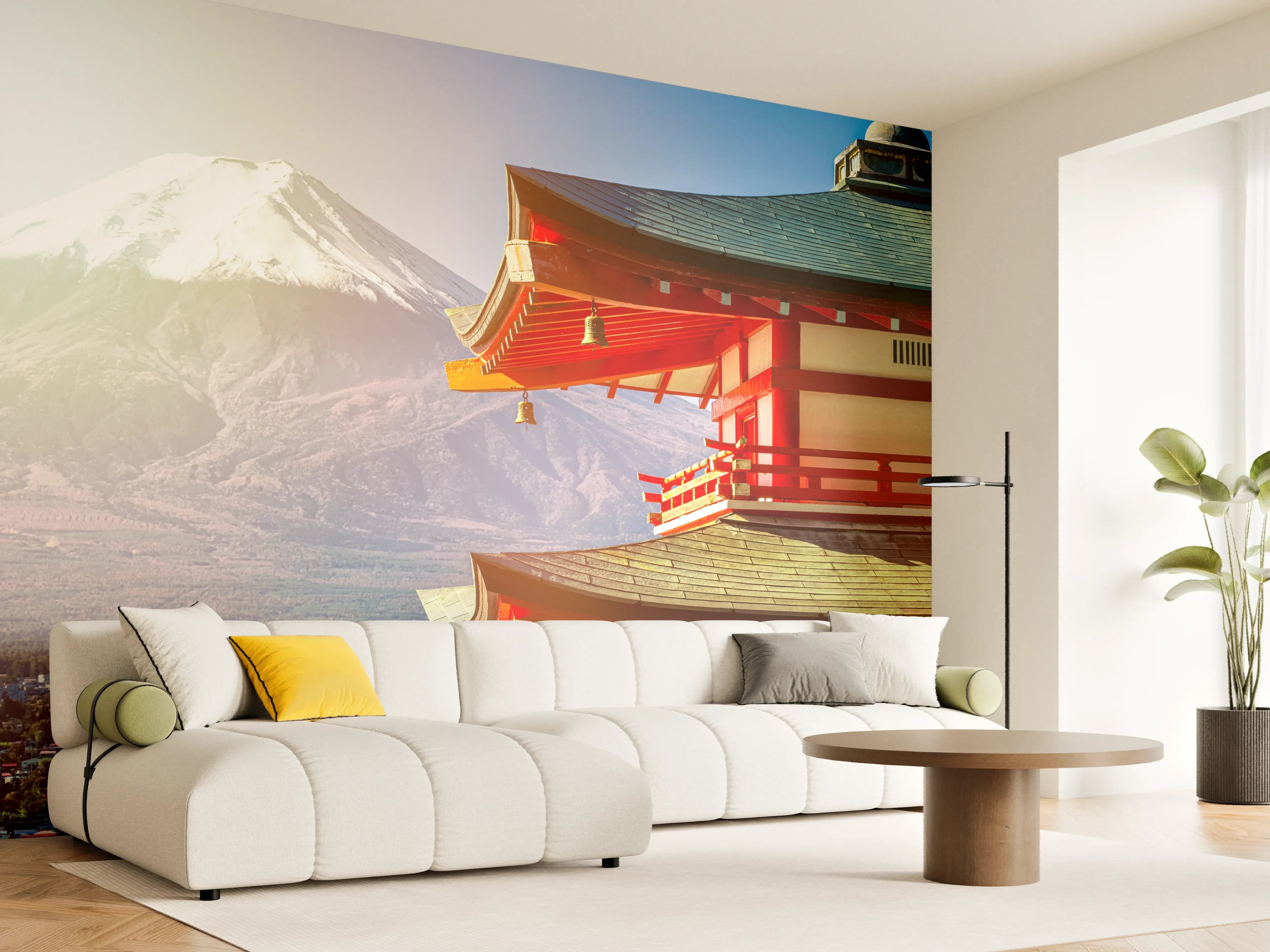 Wandverkleidung Wohnzimmer - Sonnenaufgang des Berges Fuji und rote Pagode