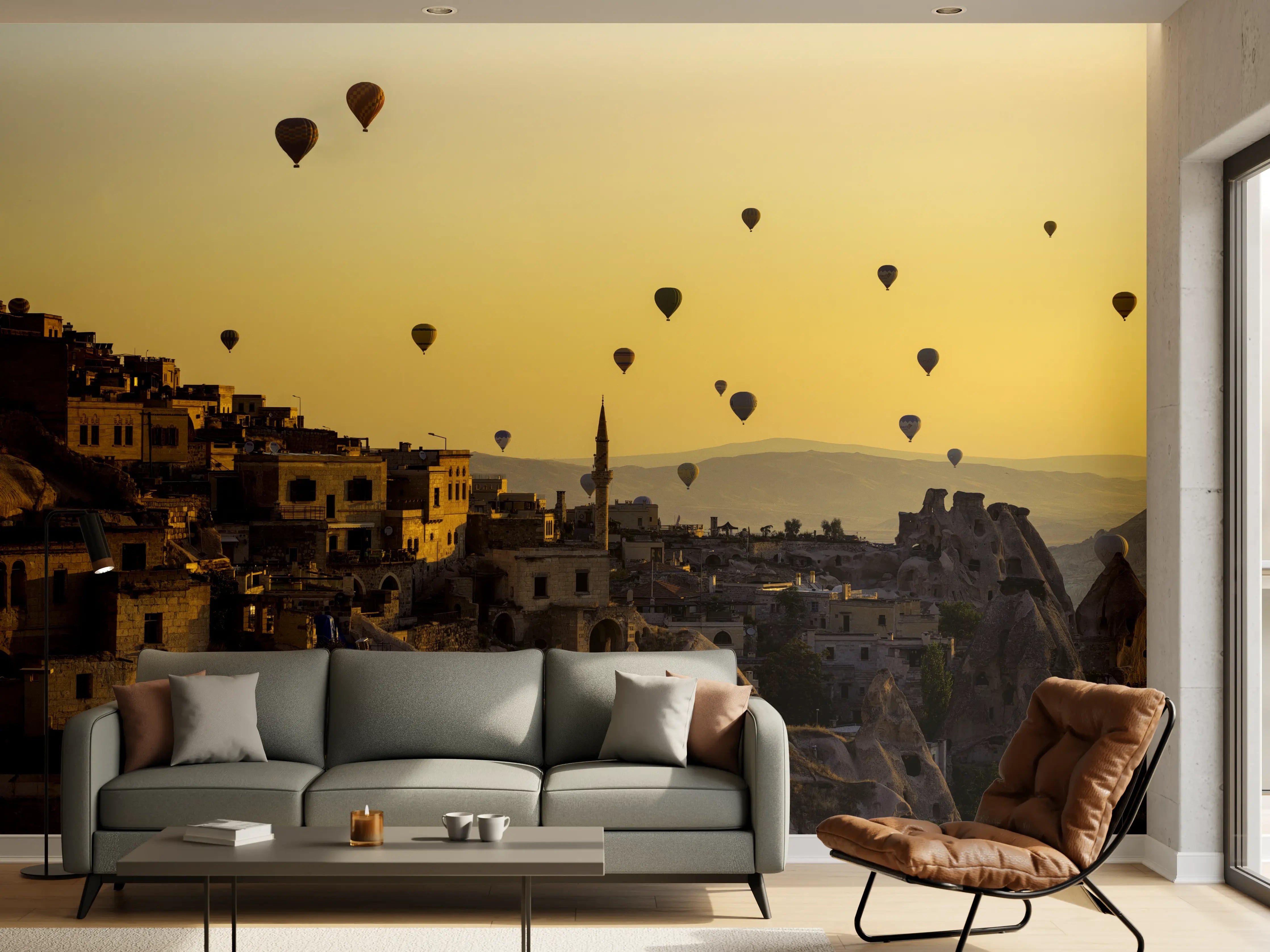 Wandverkleidung Wohnzimmer - Sonnenaufgang über Cappadocia mit Heißluftballons
