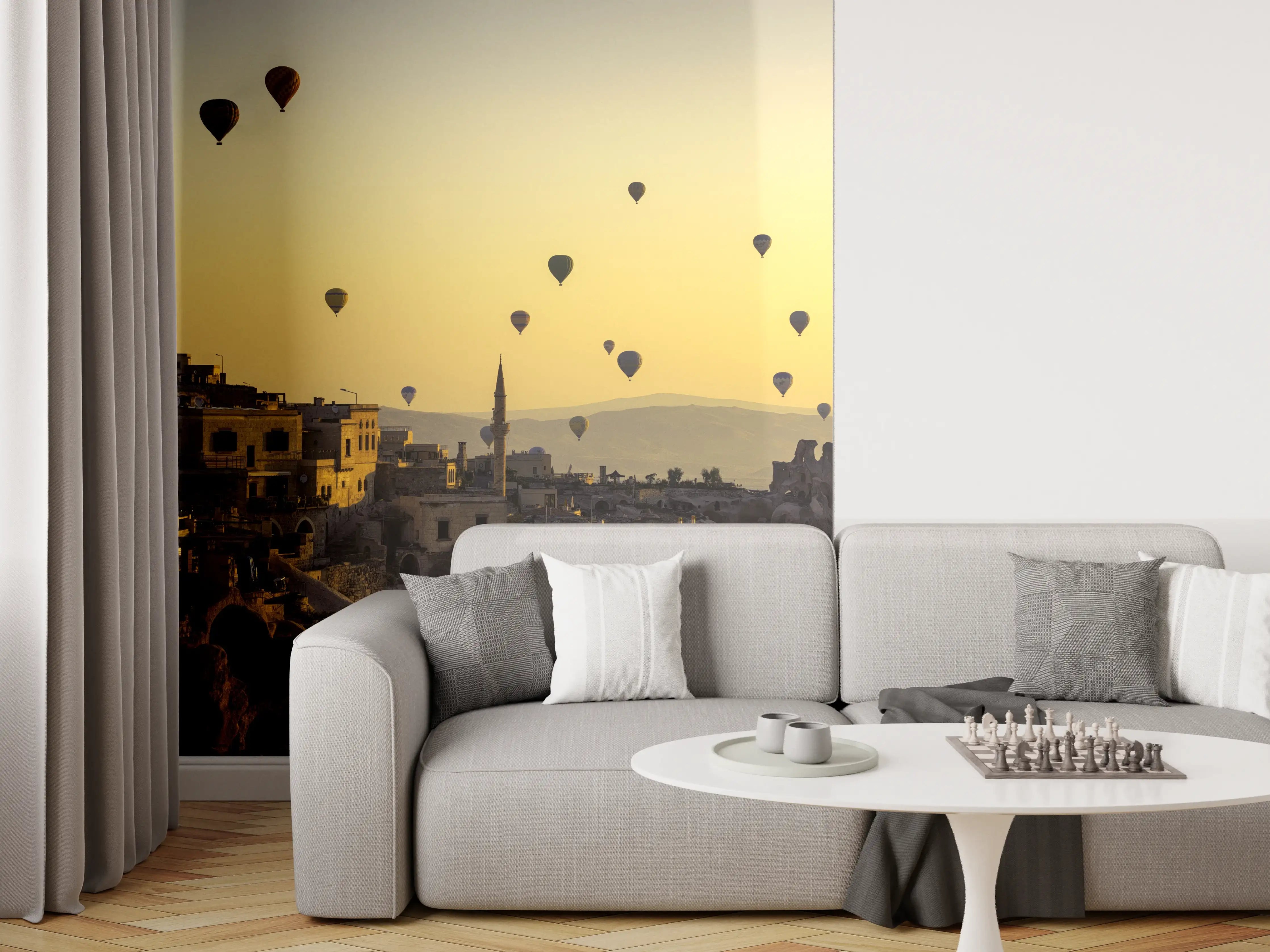 Wandverkleidung Wohnzimmer - Sonnenaufgang über Cappadocia mit Heißluftballons