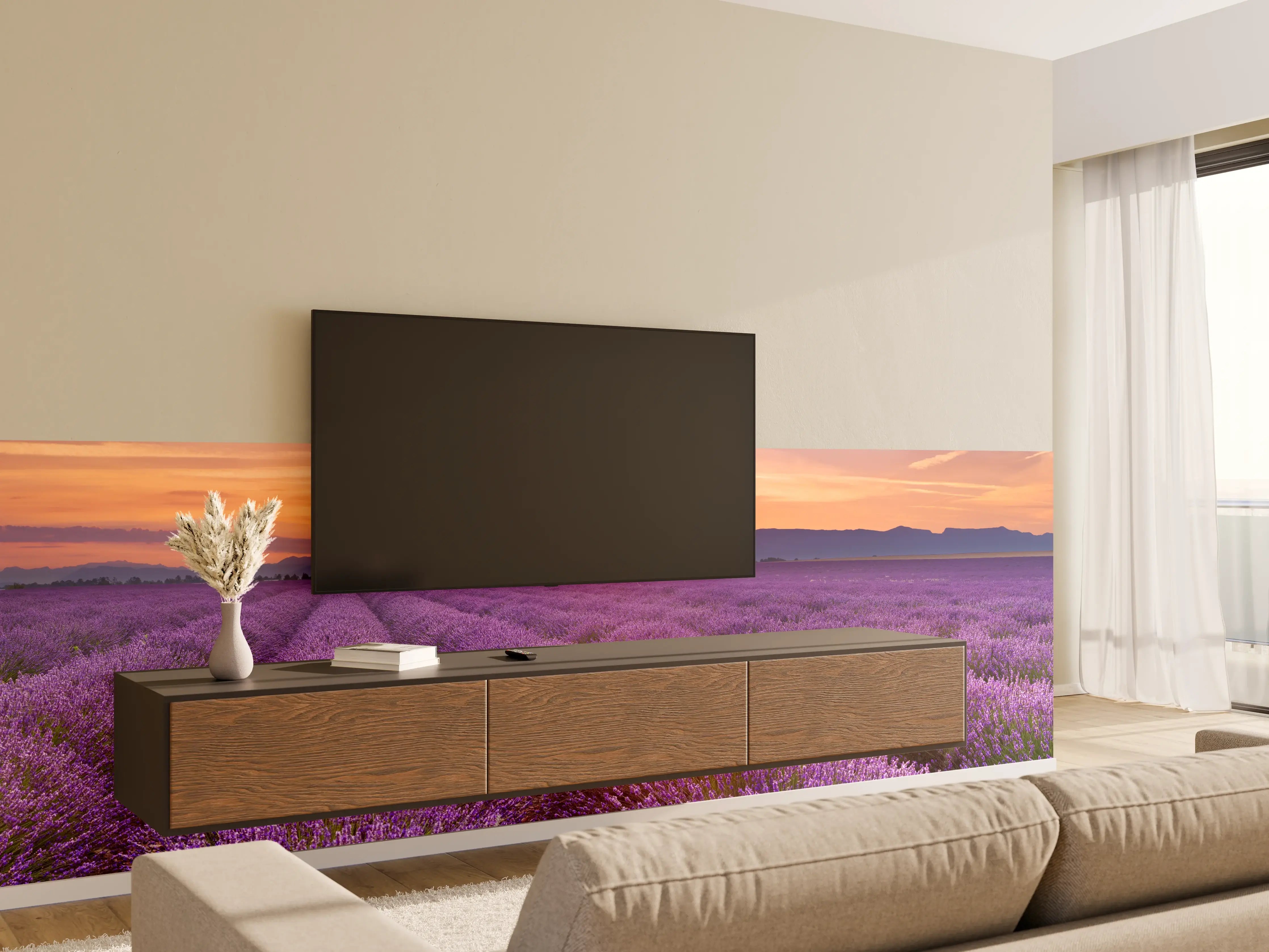 Wandverkleidung Wohnzimmer - Sonnenaufgang über Lavendelfelder - Provence
