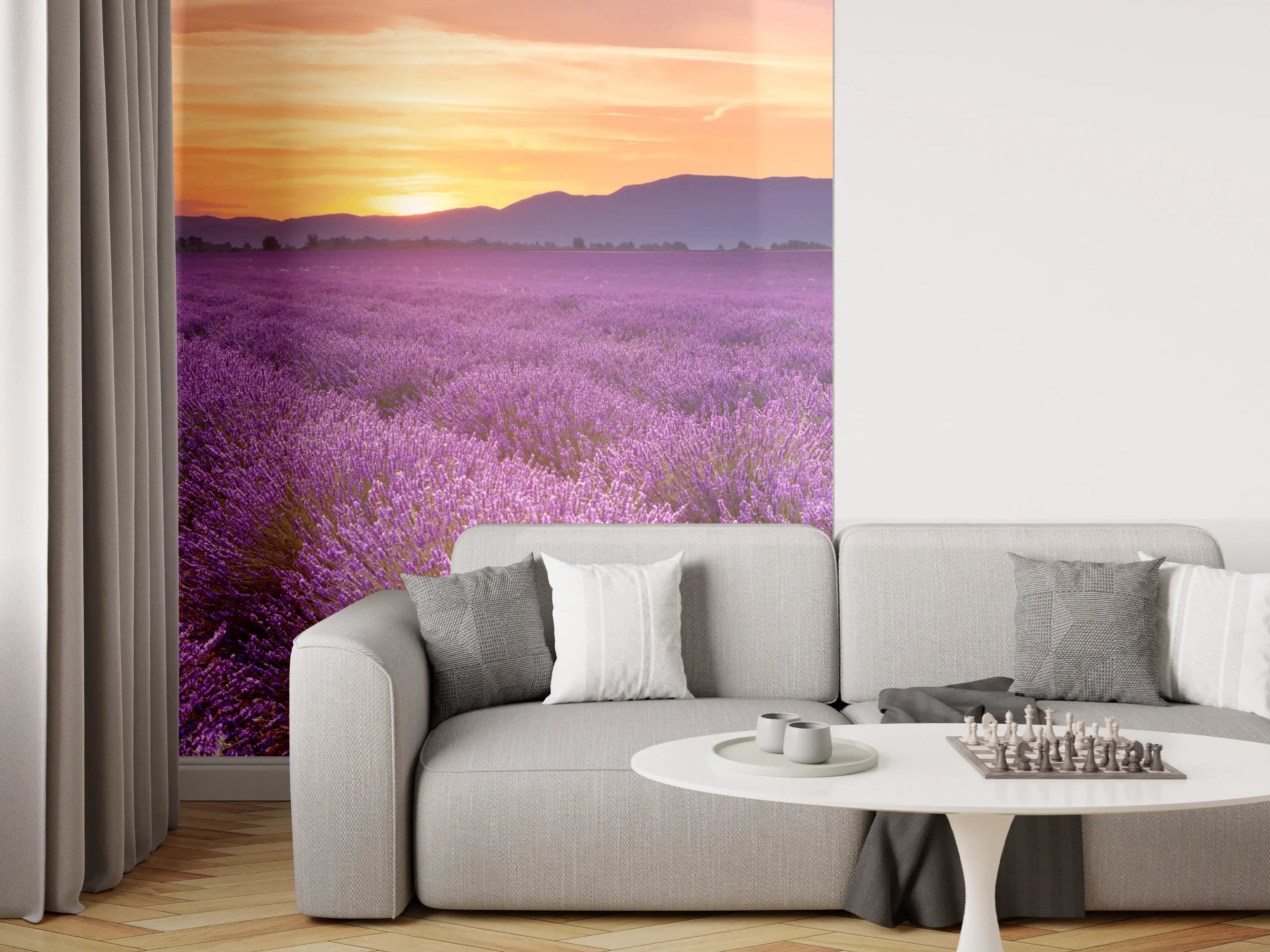 Wandverkleidung Wohnzimmer - Sonnenaufgang über Lavendelfelder - Provence