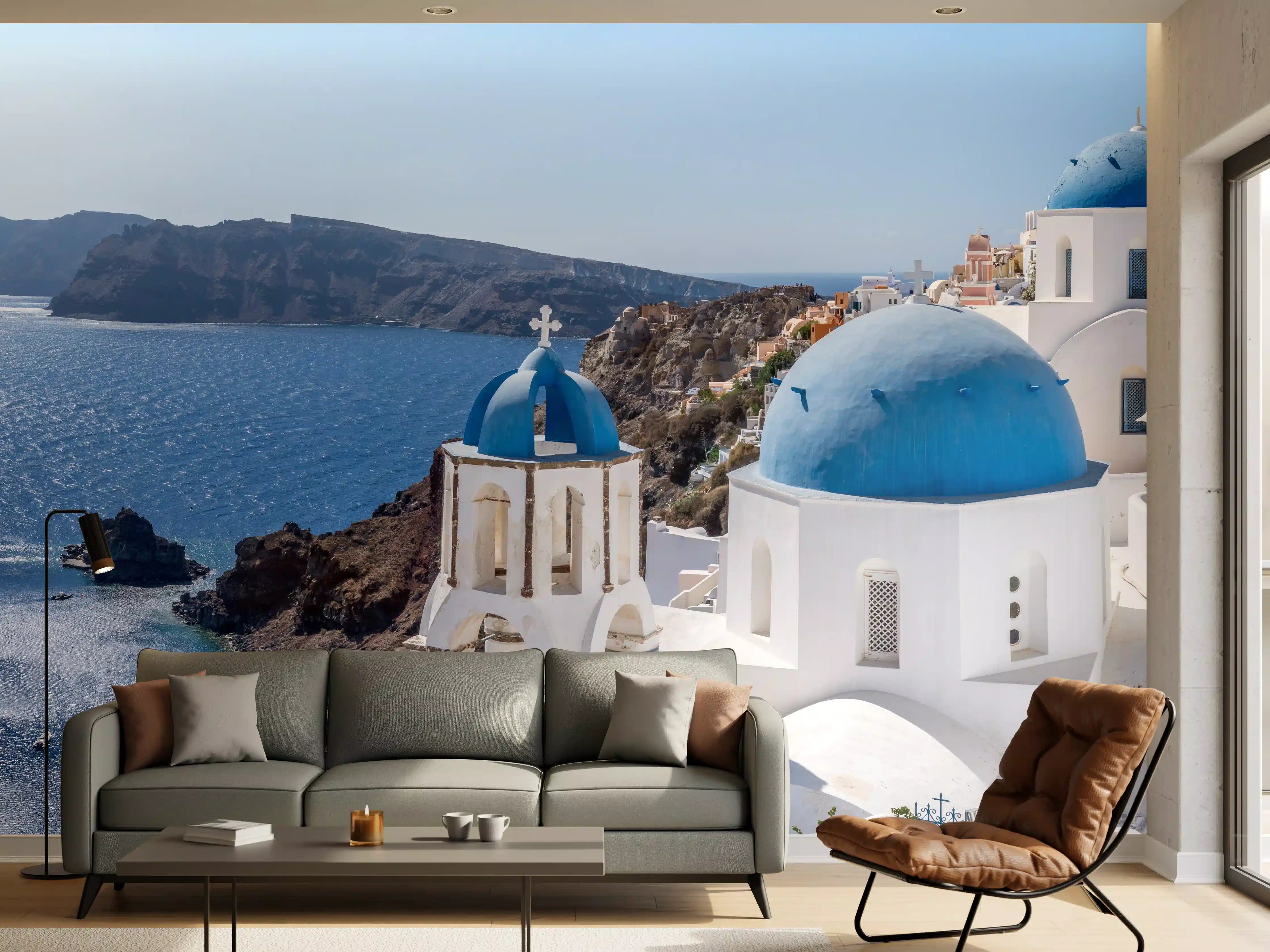 Wandverkleidung Wohnzimmer - Sonnenaufgang über Santorinis Grautönen