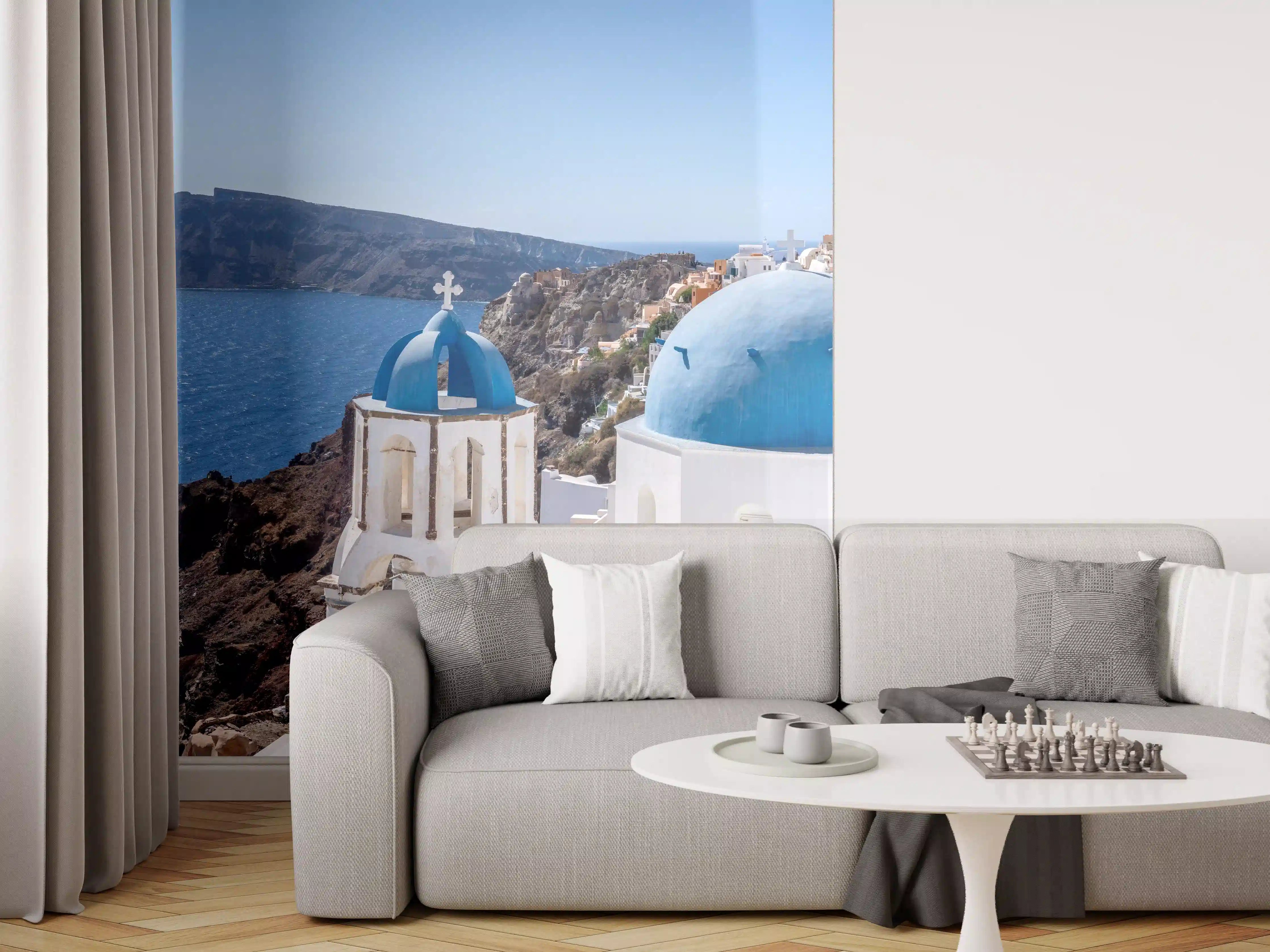 Wandverkleidung Wohnzimmer - Sonnenaufgang über Santorinis Grautönen