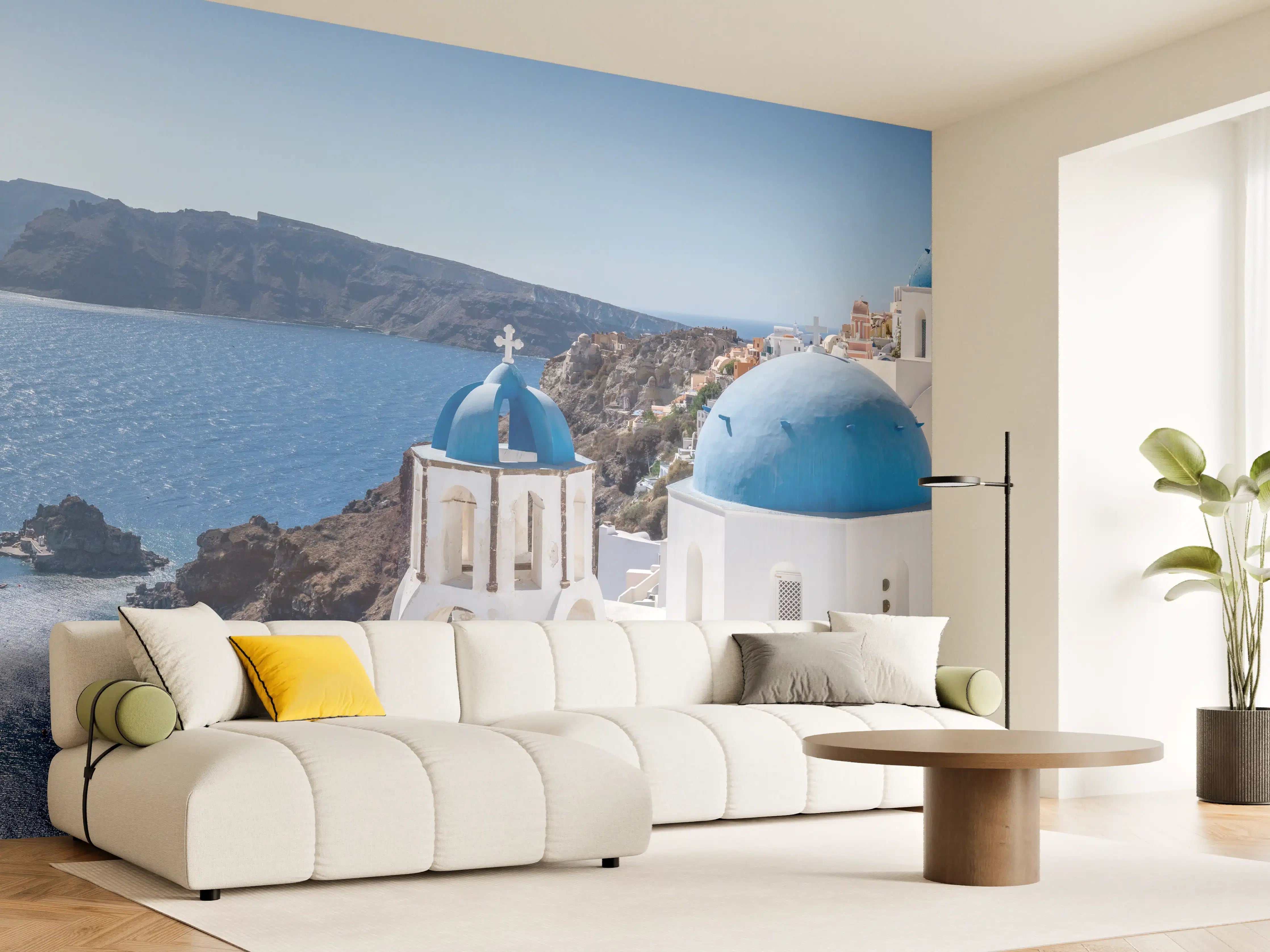 Wandverkleidung Wohnzimmer - Sonnenaufgang über Santorinis Grautönen