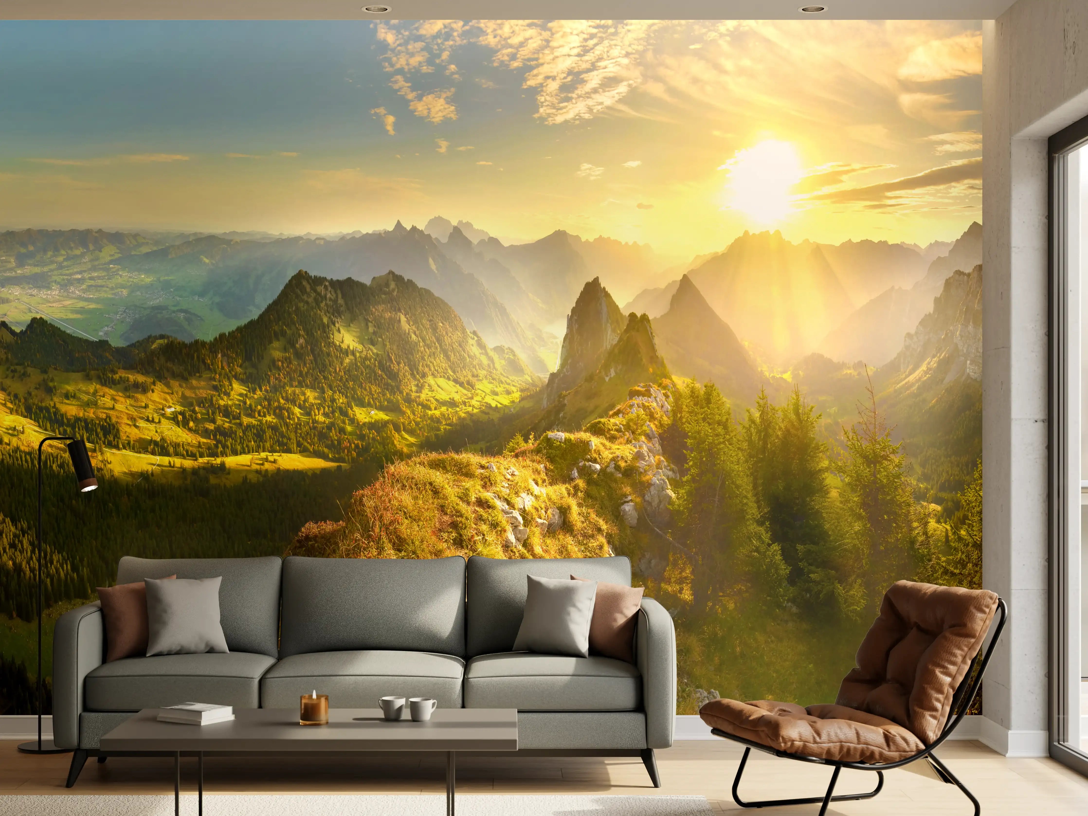 Wandverkleidung Wohnzimmer - Sonnenaufgang über Schweizer Tal