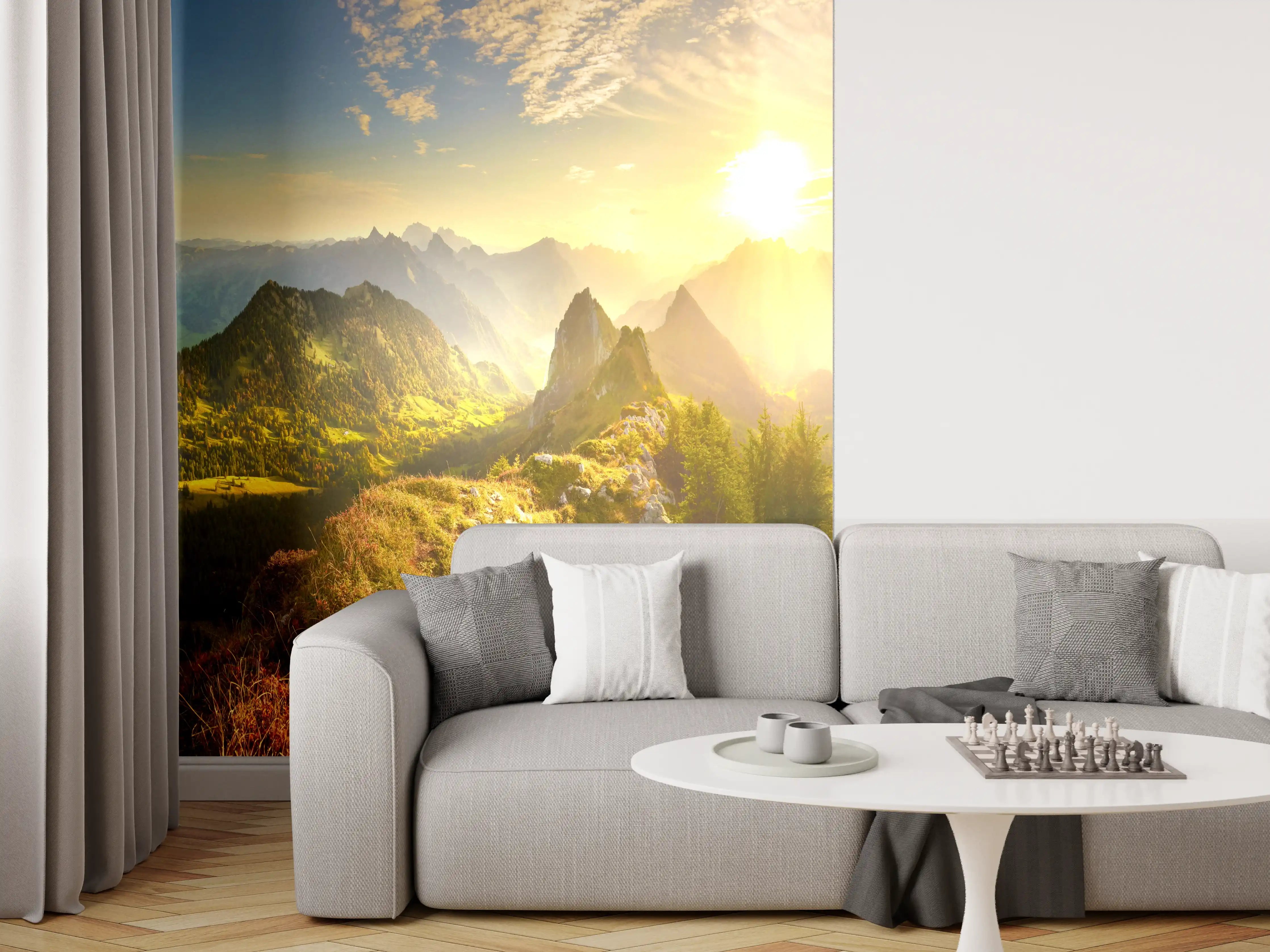 Wandverkleidung Wohnzimmer - Sonnenaufgang über Schweizer Tal