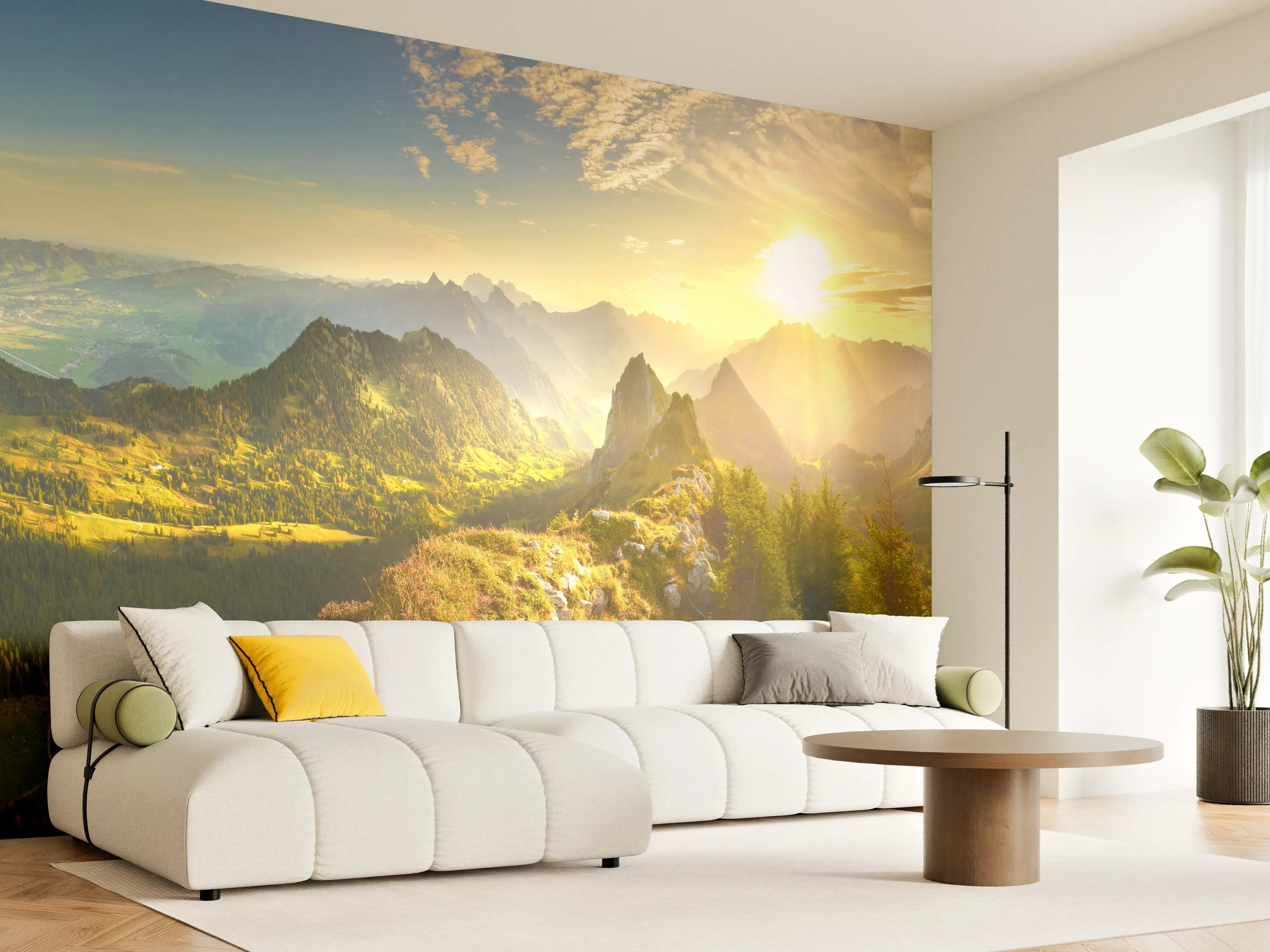 Wandverkleidung Wohnzimmer - Sonnenaufgang über Schweizer Tal