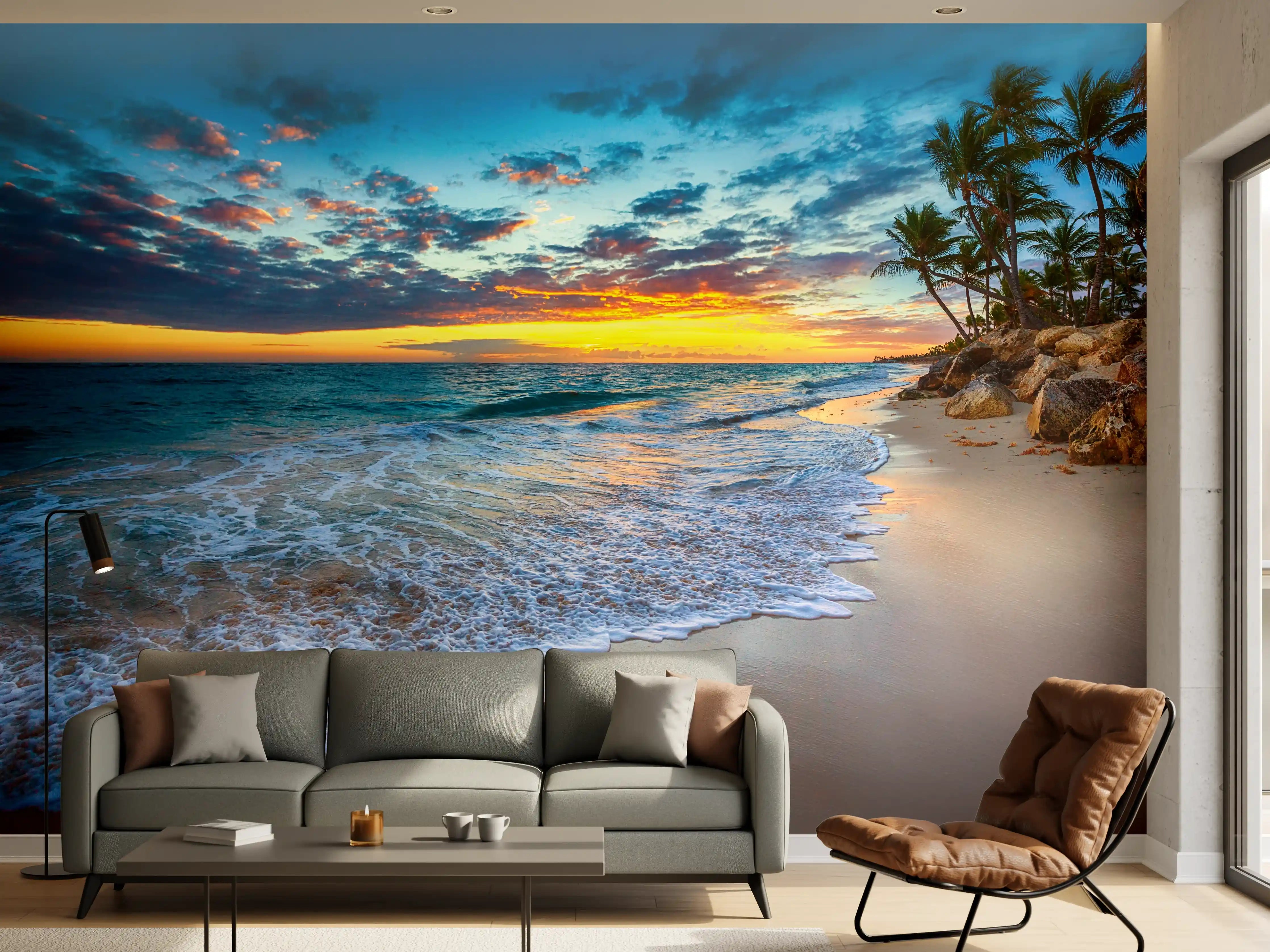 Wandverkleidung Wohnzimmer - Sonnenaufgang über dem Strand