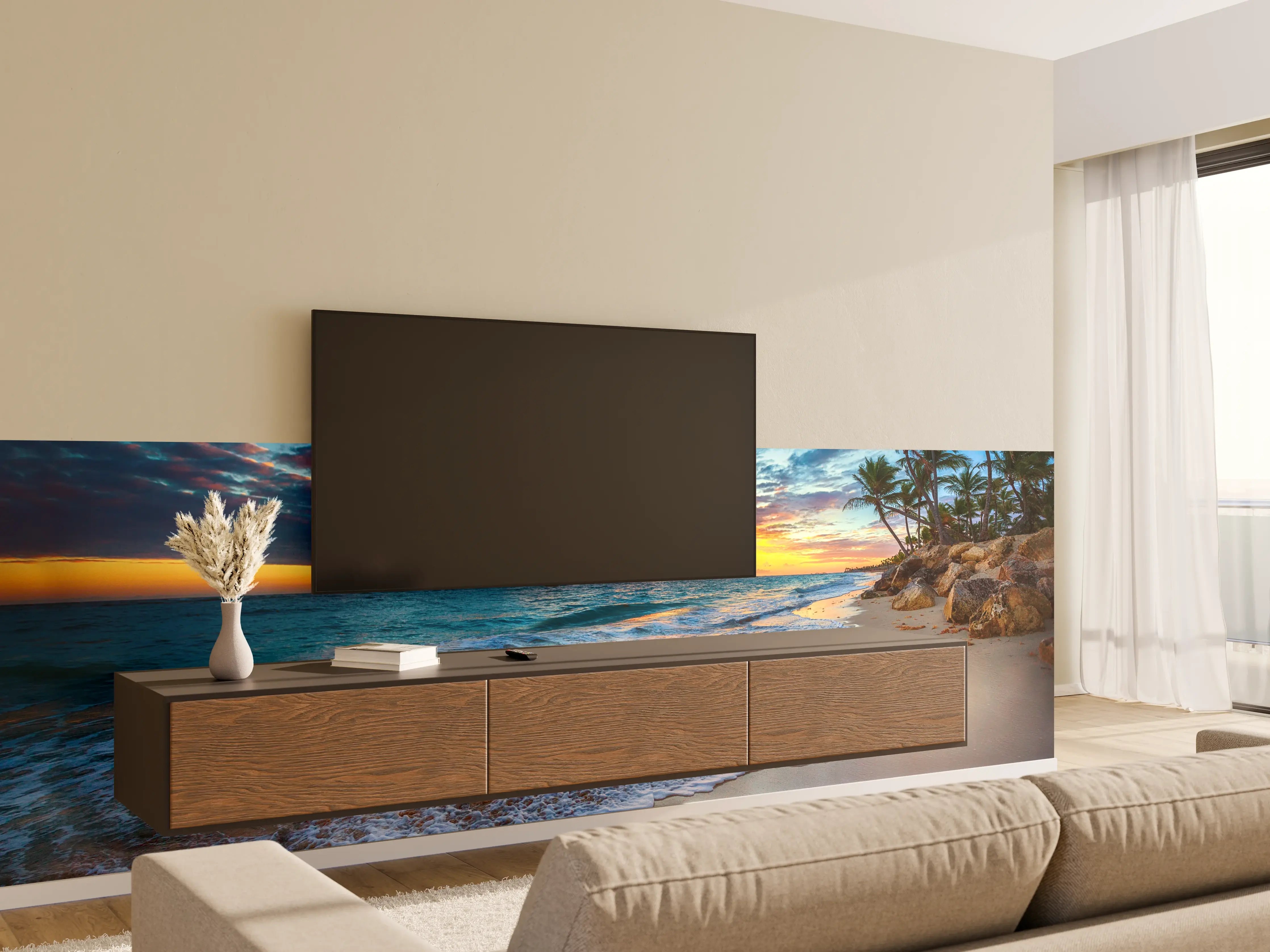 Wandverkleidung Wohnzimmer - Sonnenaufgang über dem Strand