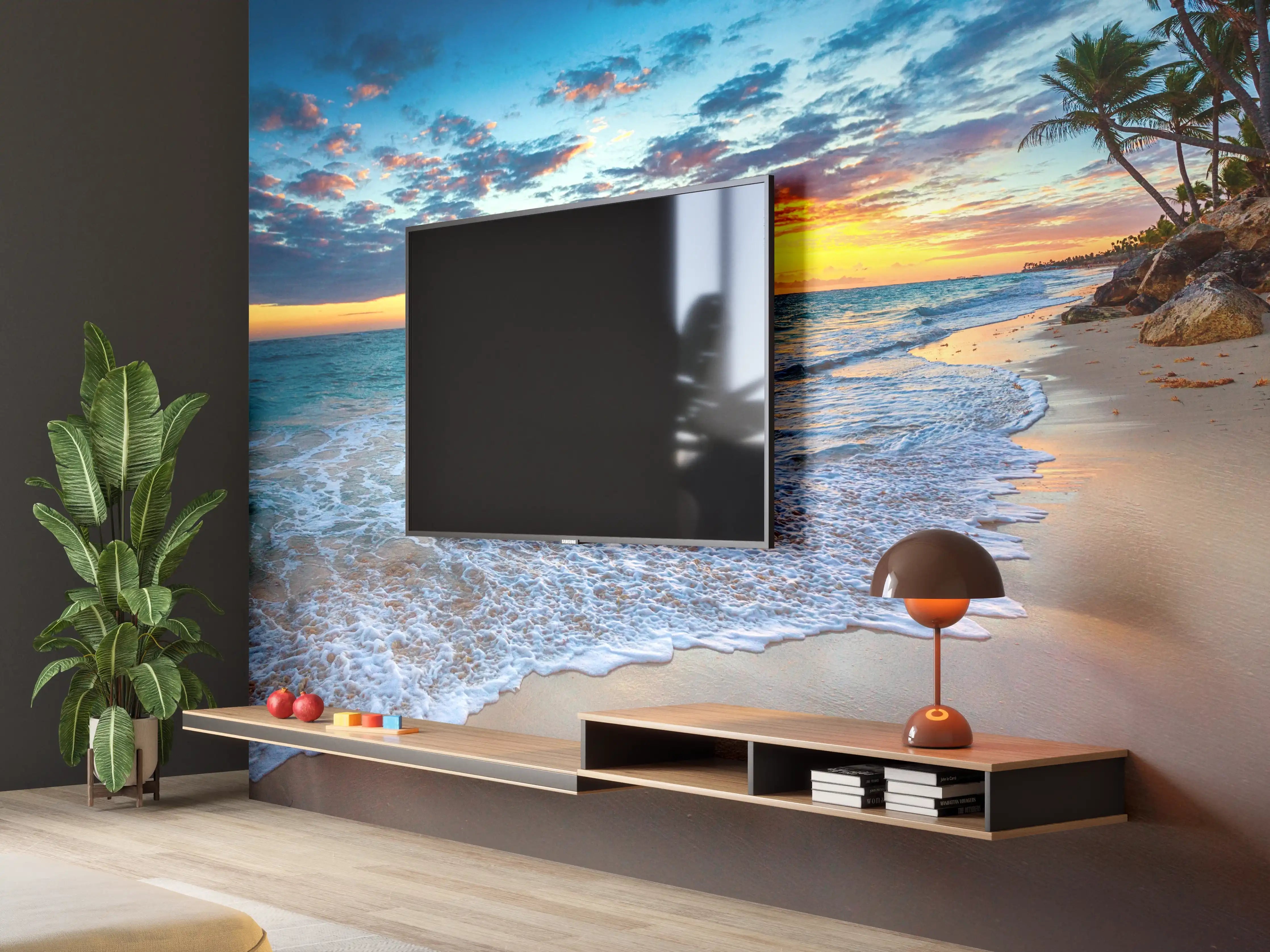 Wandverkleidung Wohnzimmer - Sonnenaufgang über dem Strand
