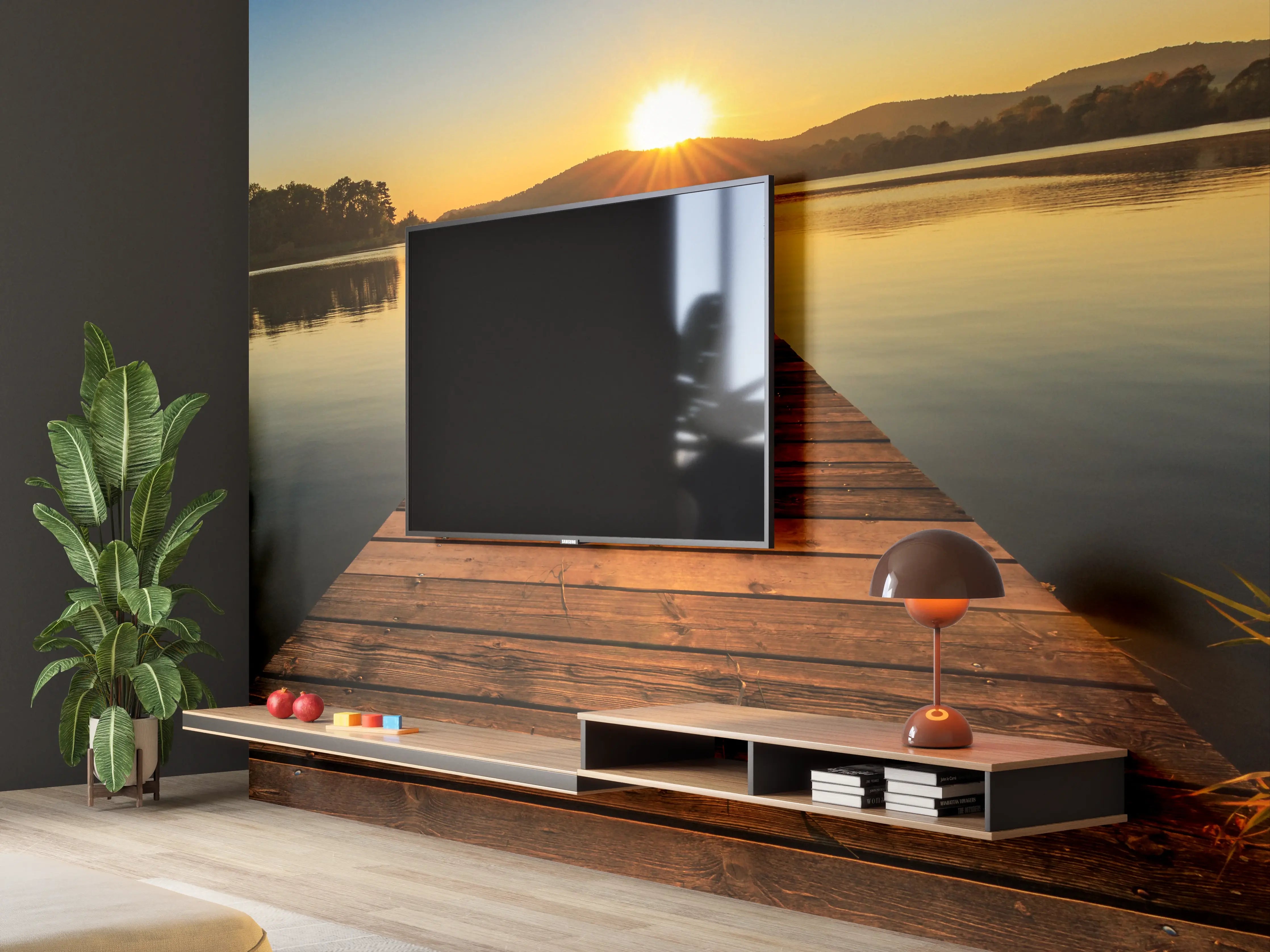 Wandverkleidung Wohnzimmer - Sonnenaufgang über dem Wasser mit Steg