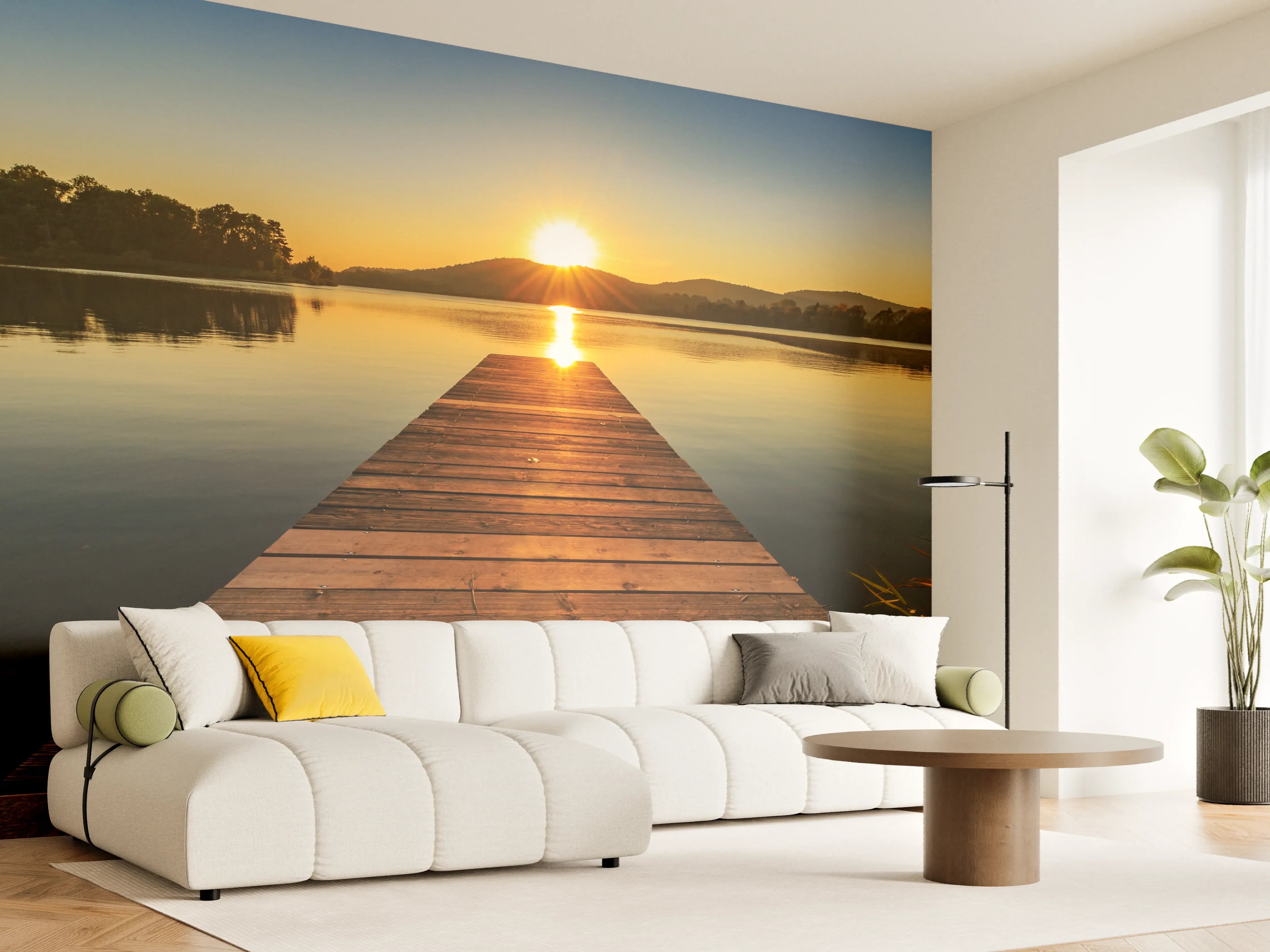 Wandverkleidung Wohnzimmer - Sonnenaufgang über dem Wasser mit Steg
