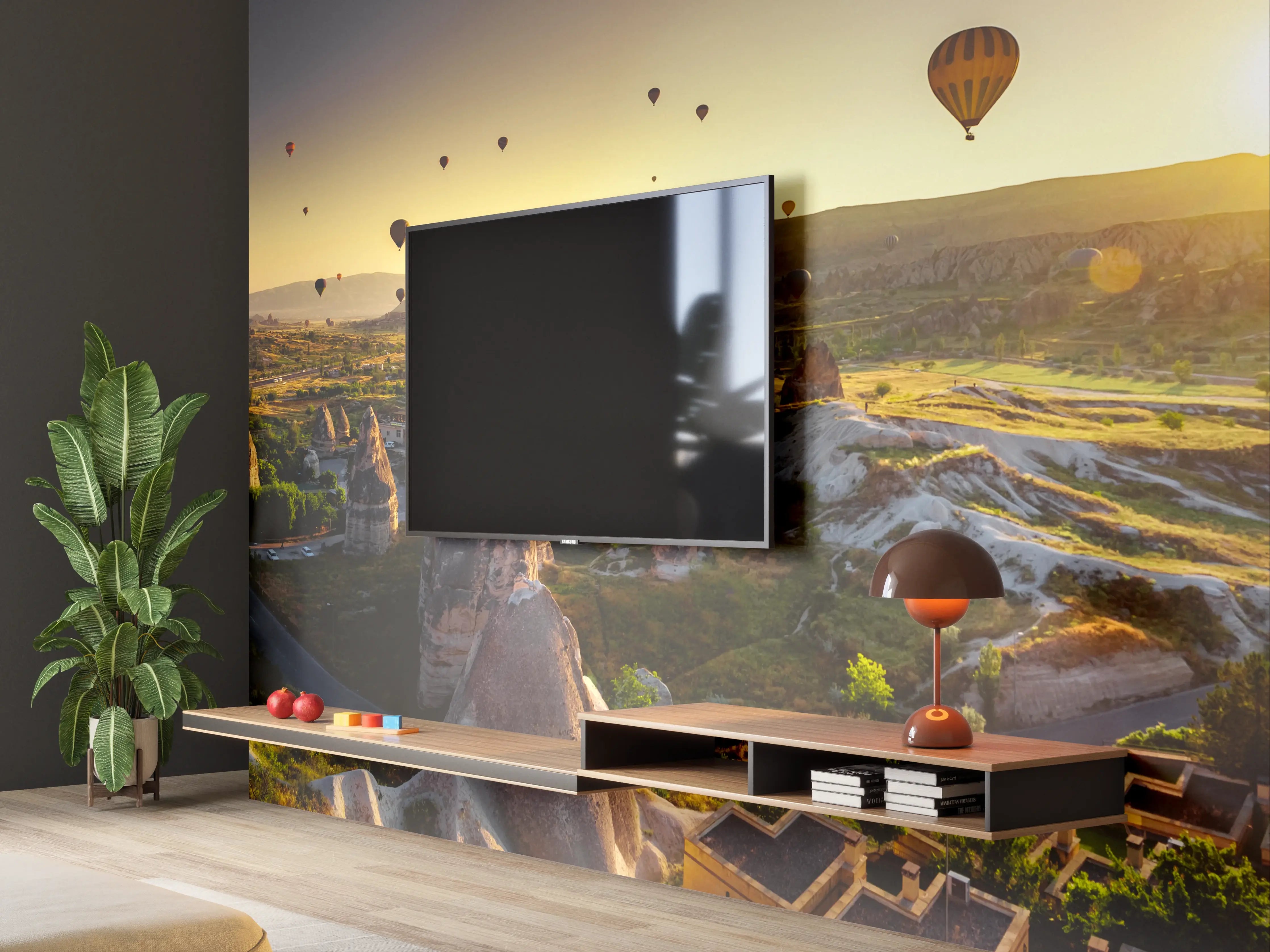 Wandverkleidung Wohnzimmer - Sonnenaufgang über der Landschaft mit Heißluftballons