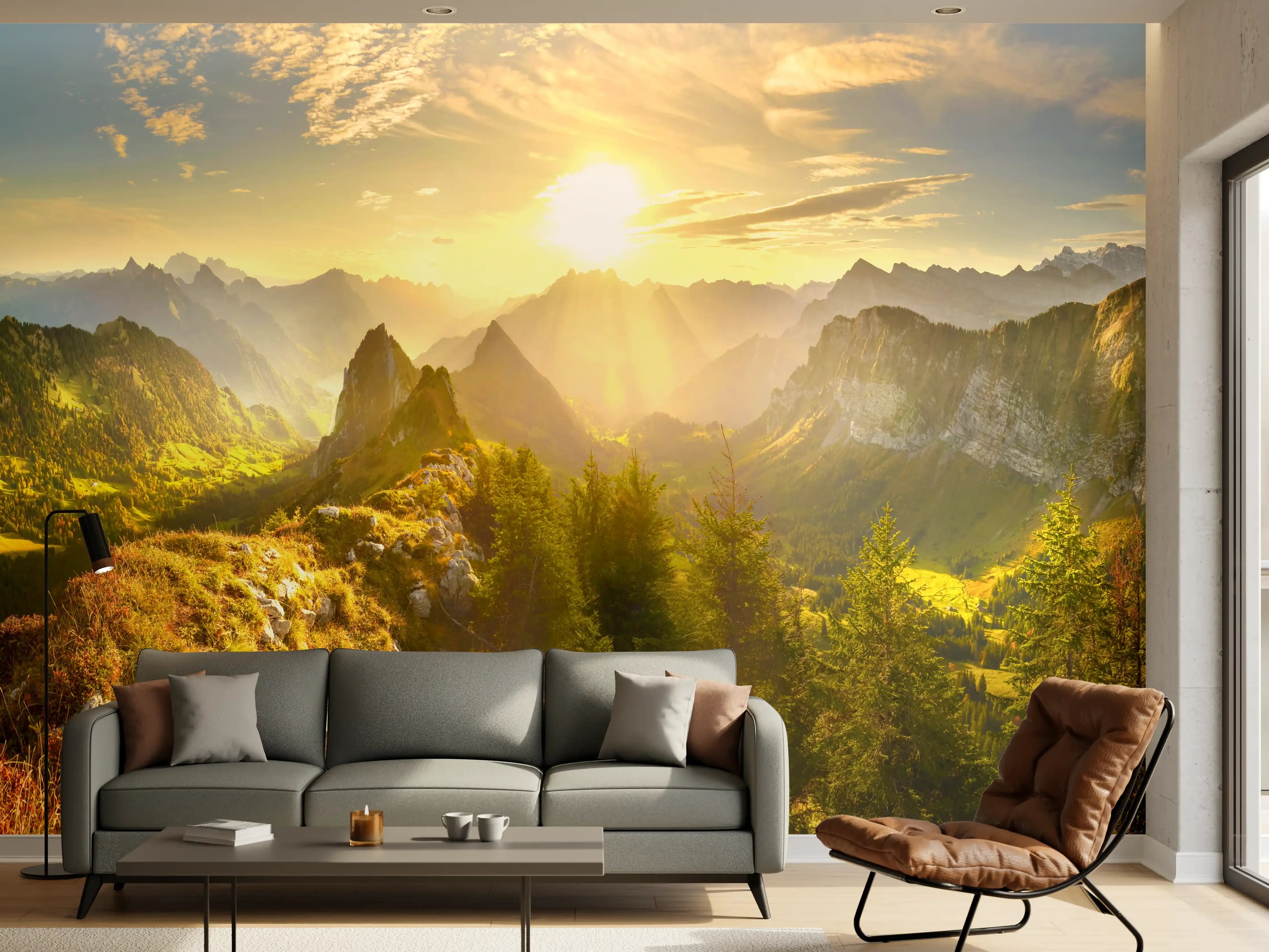 Wandverkleidung Wohnzimmer - Sonnenaugang über Schweizer Alpen
