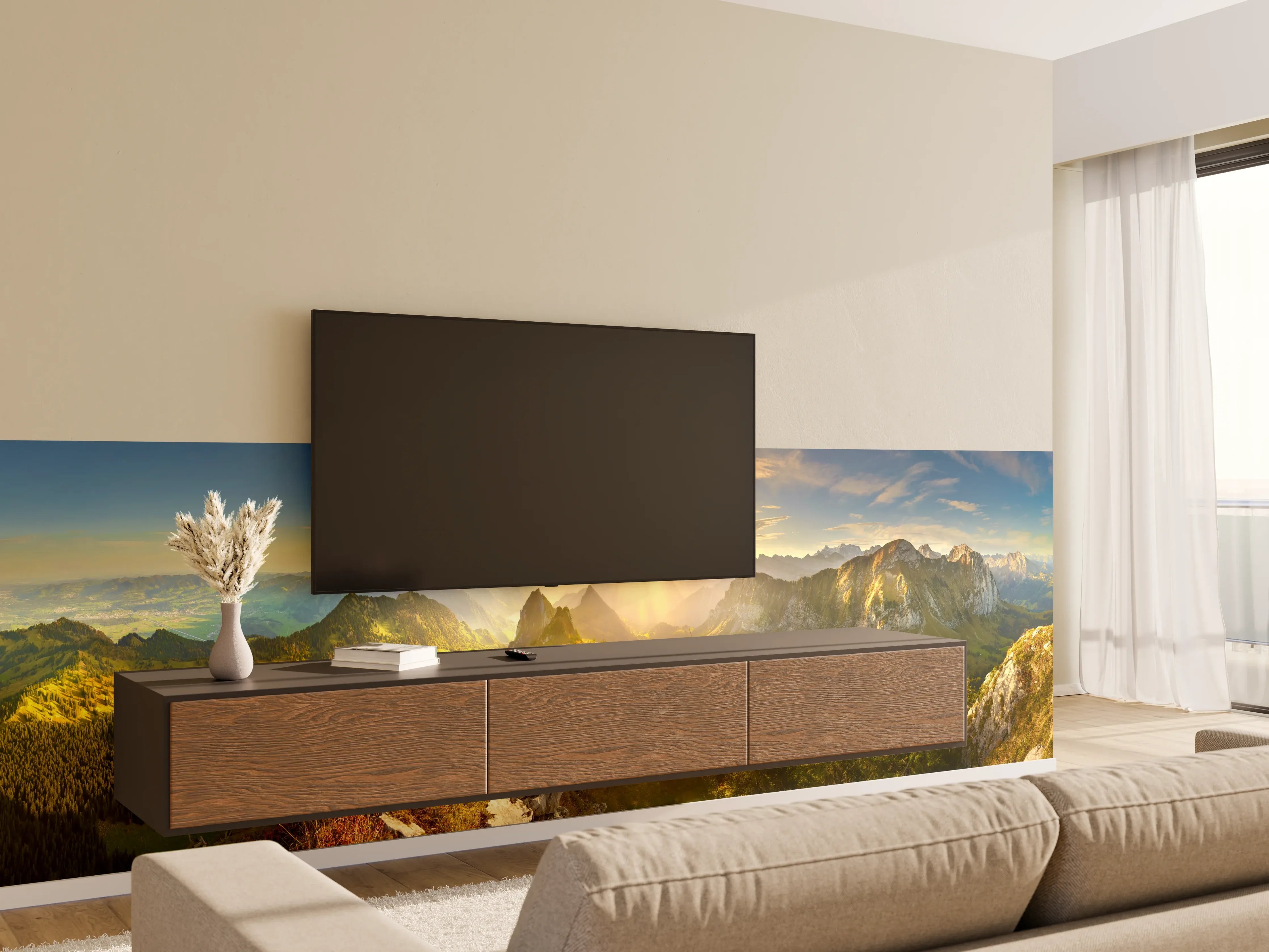 Wandverkleidung Wohnzimmer - Sonnenaugang über Schweizer Alpen