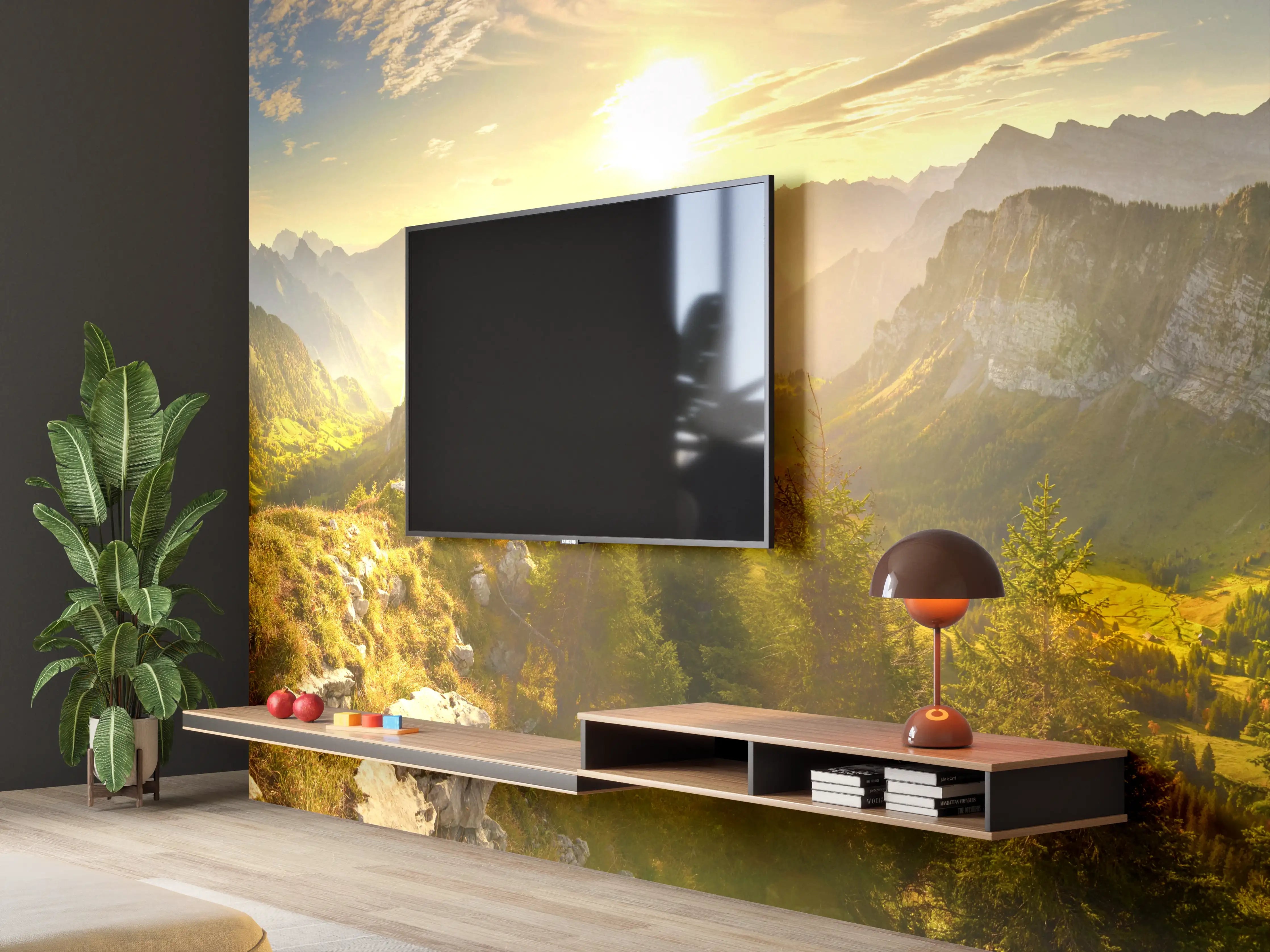 Wandverkleidung Wohnzimmer - Sonnenaugang über Schweizer Alpen