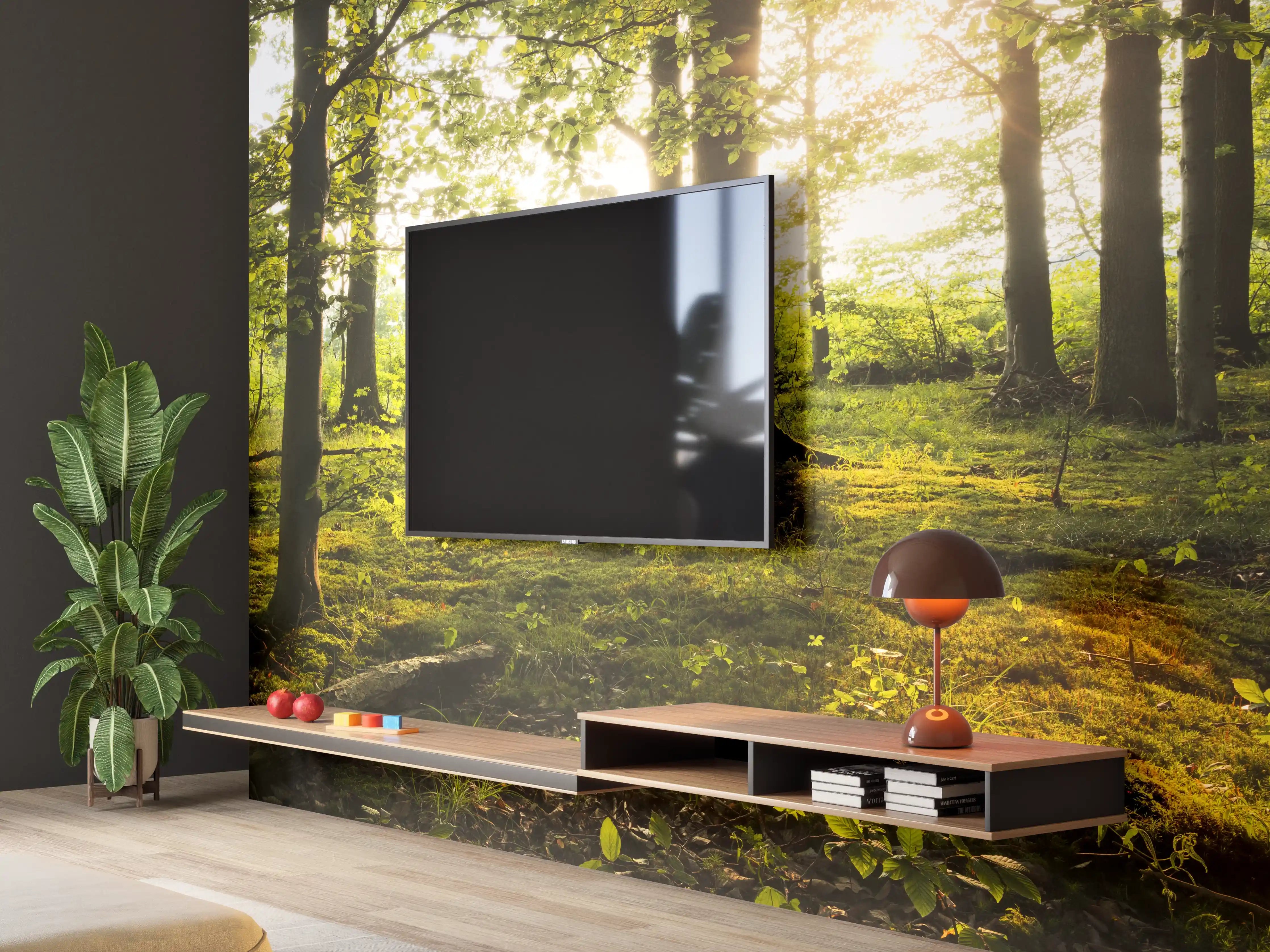 Wandverkleidung Wohnzimmer - Sonnenlicht durch den Wald