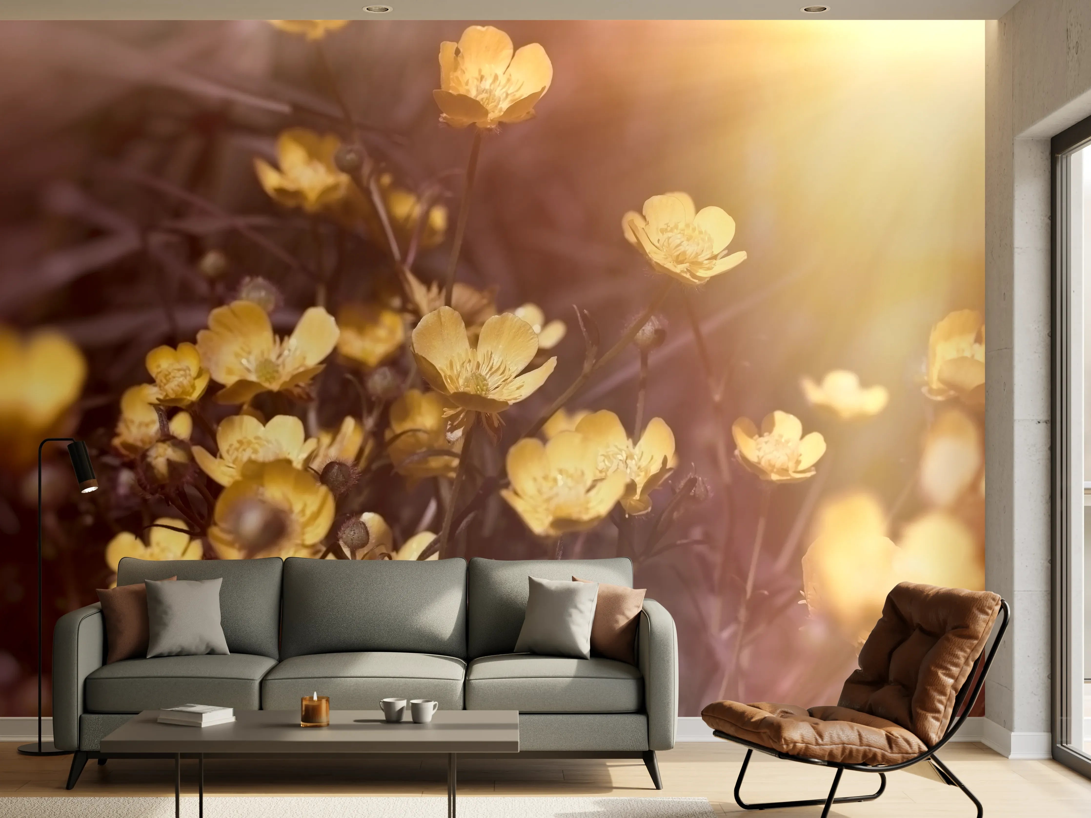 Wandverkleidung Wohnzimmer - Sonnenlicht über gelben Blumen – Natürliche Schönheit