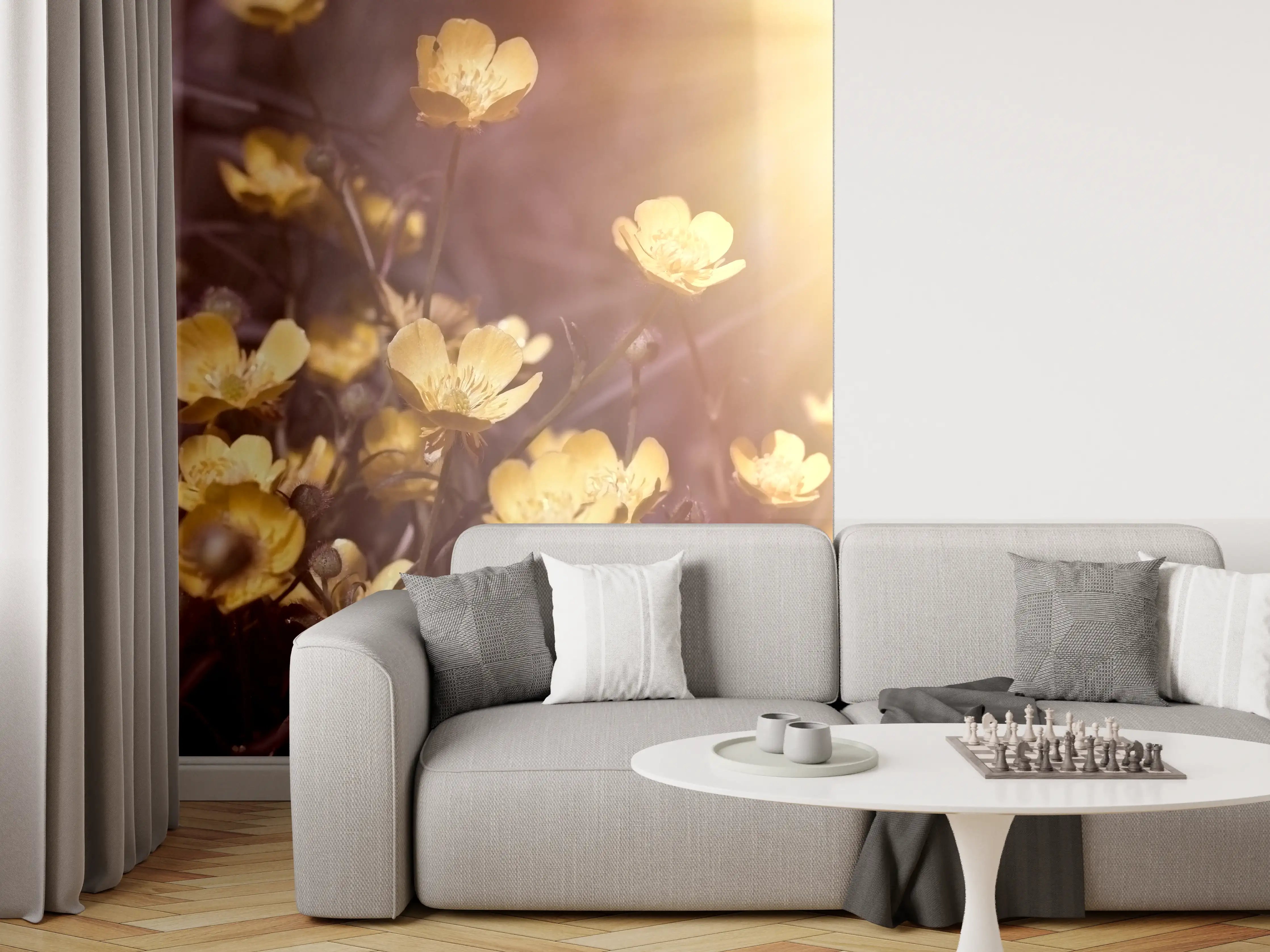 Wandverkleidung Wohnzimmer - Sonnenlicht über gelben Blumen – Natürliche Schönheit