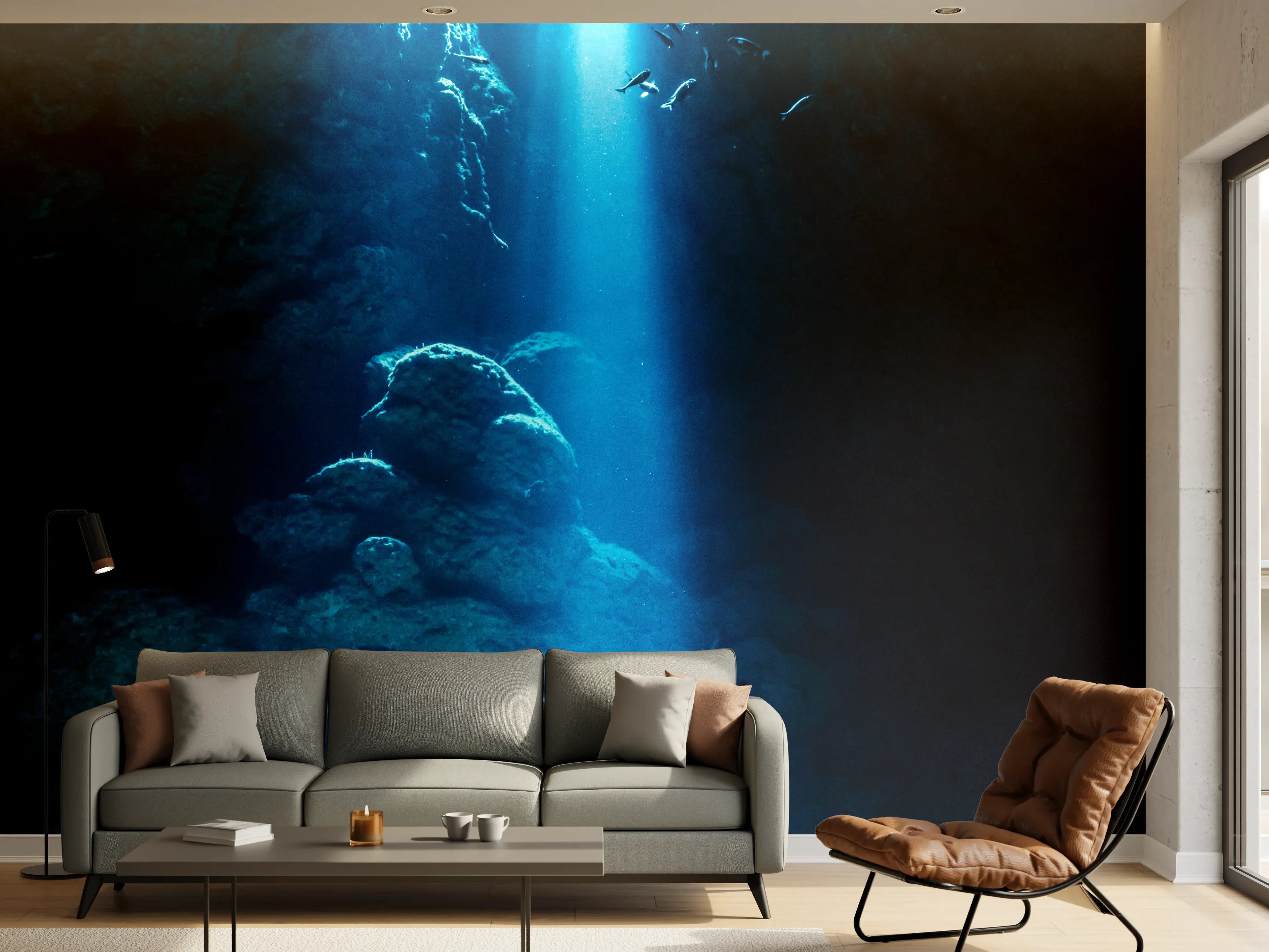 Wandverkleidung Wohnzimmer - Sonnenstrahl in die Unterwasserhöhle im japanischen Ozean