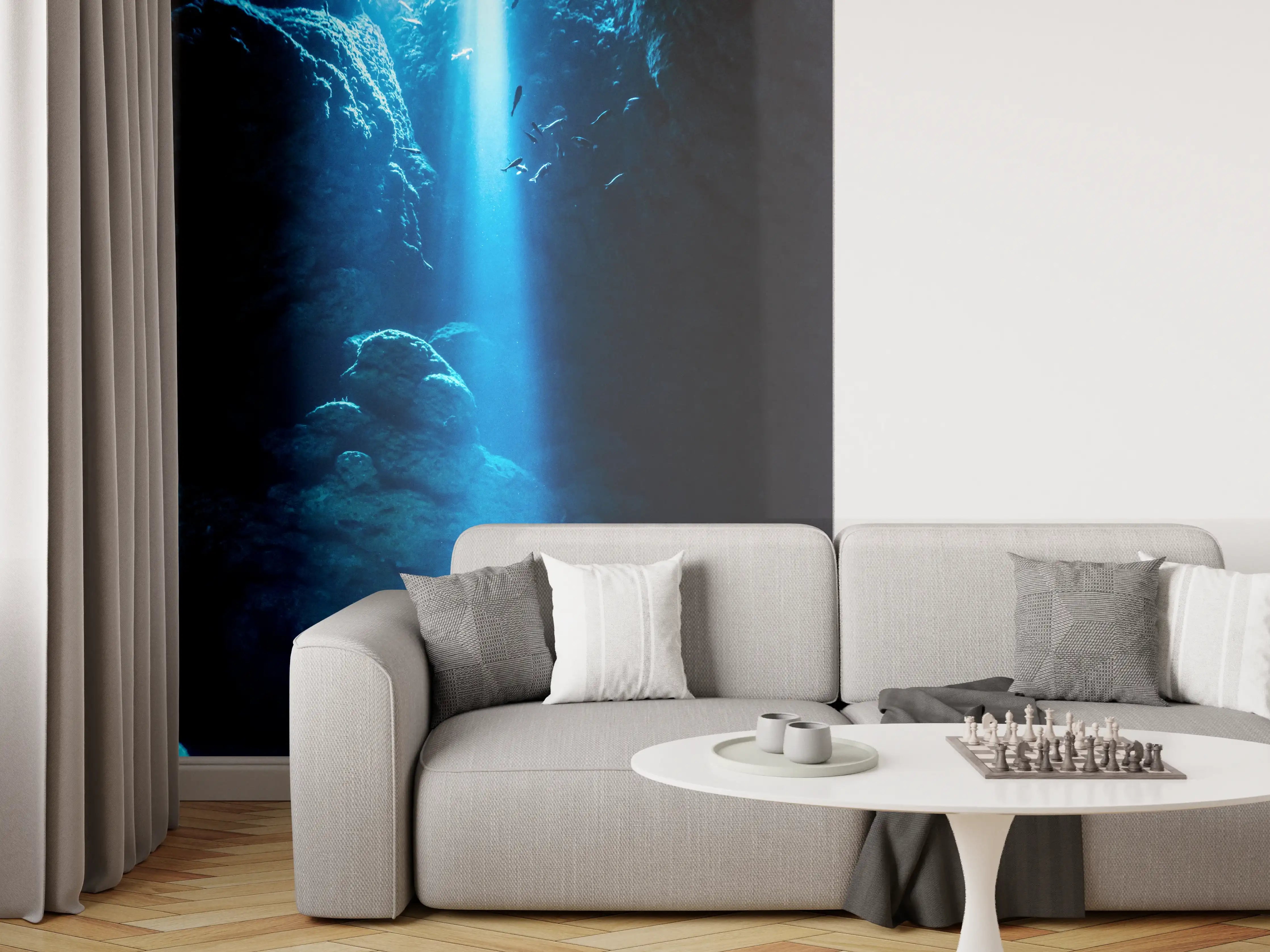 Wandverkleidung Wohnzimmer - Sonnenstrahl in die Unterwasserhöhle im japanischen Ozean