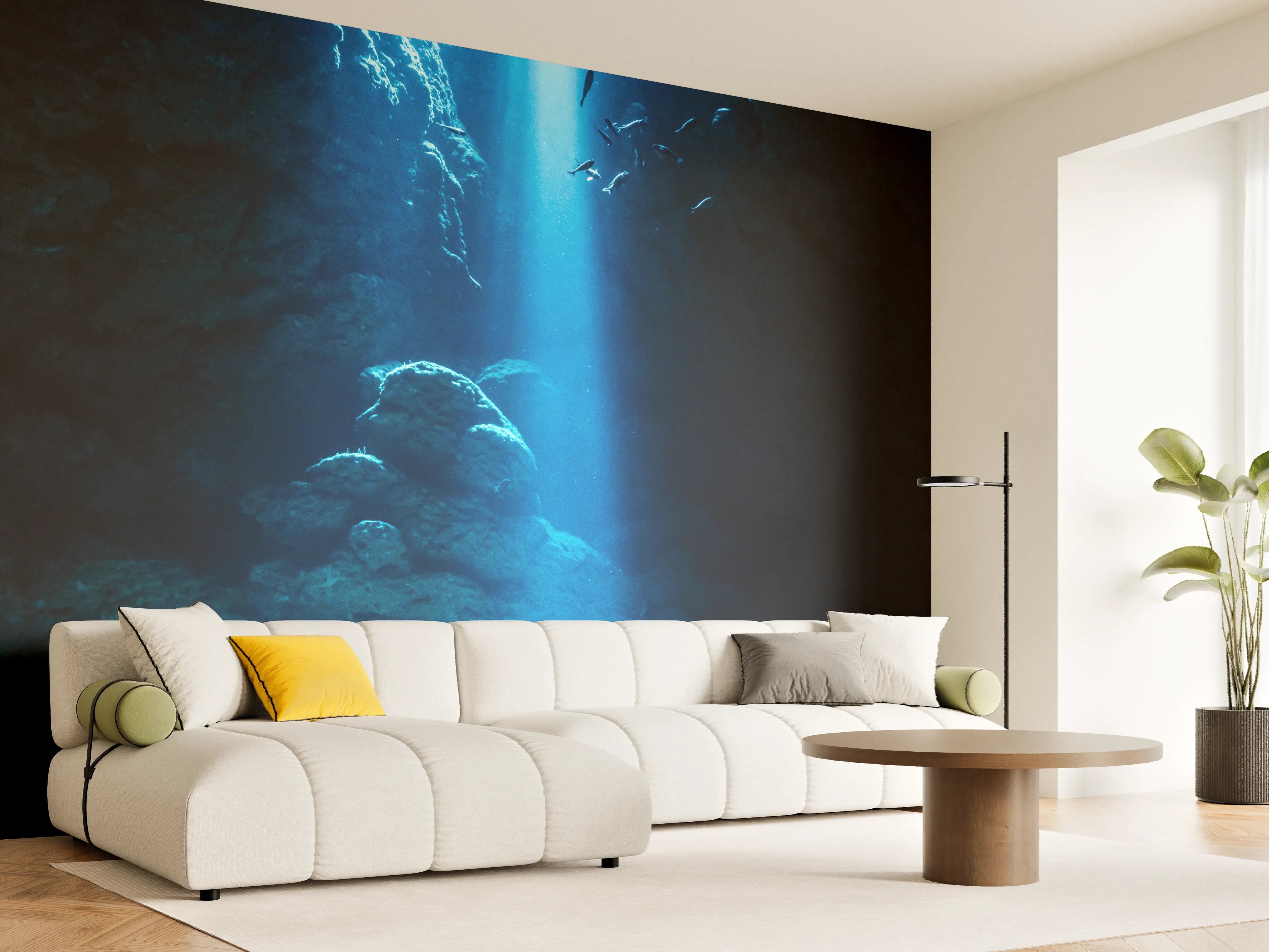 Wandverkleidung Wohnzimmer - Sonnenstrahl in die Unterwasserhöhle im japanischen Ozean