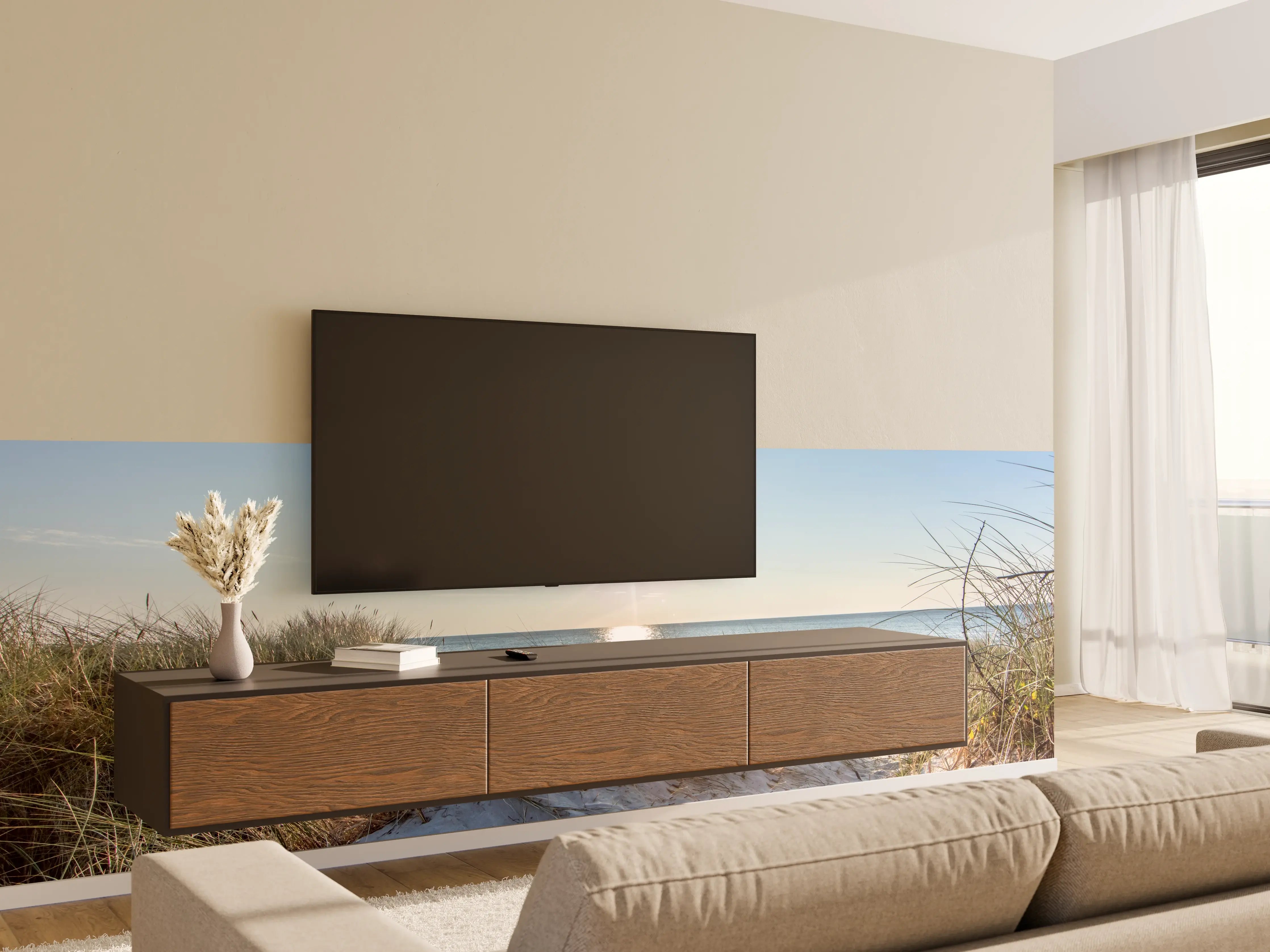 Wandverkleidung Wohnzimmer - Sonnenstrahl über dem Meer mit Sanddünen