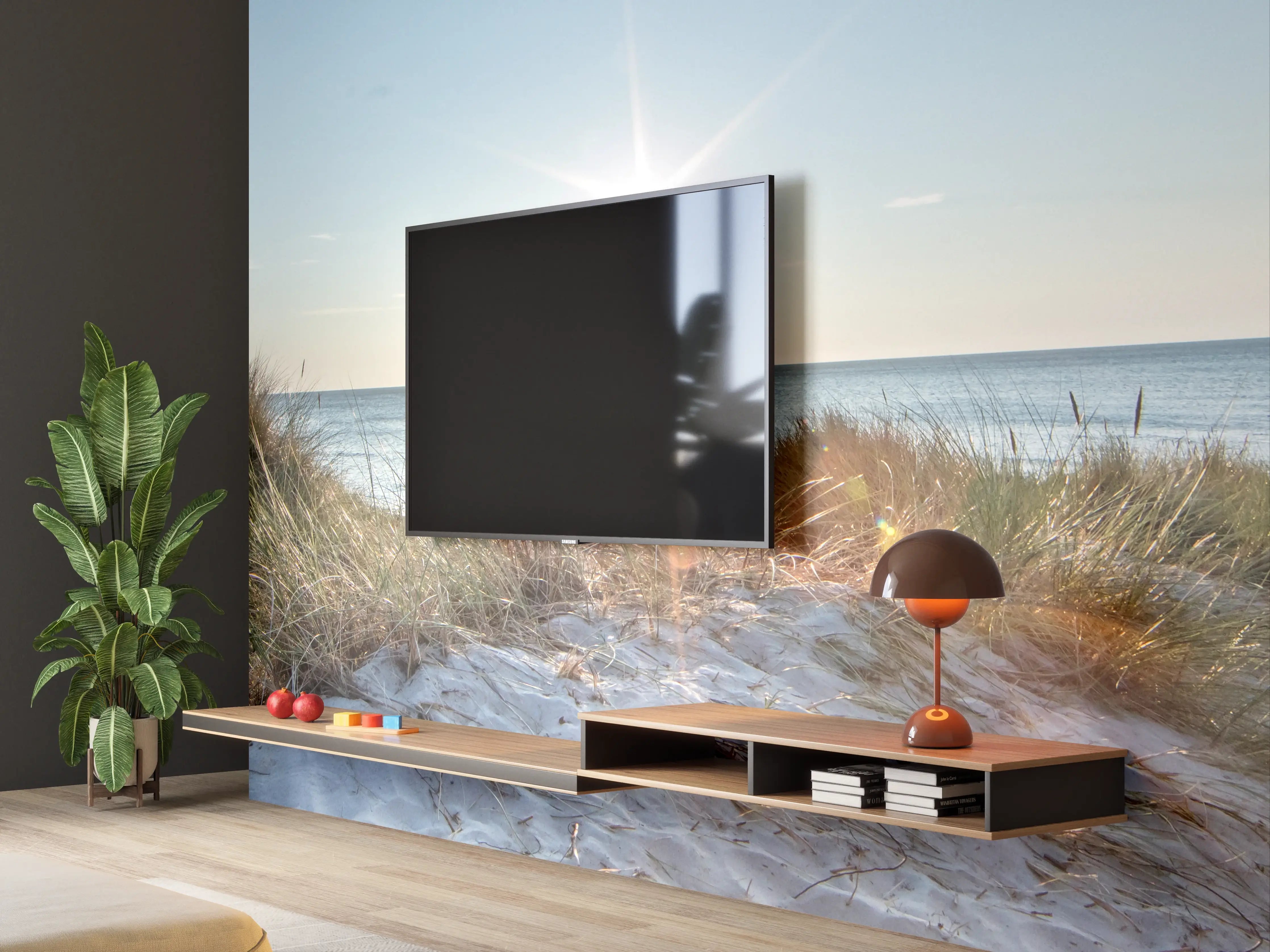 Wandverkleidung Wohnzimmer - Sonnenstrahl über dem Meer mit Sanddünen
