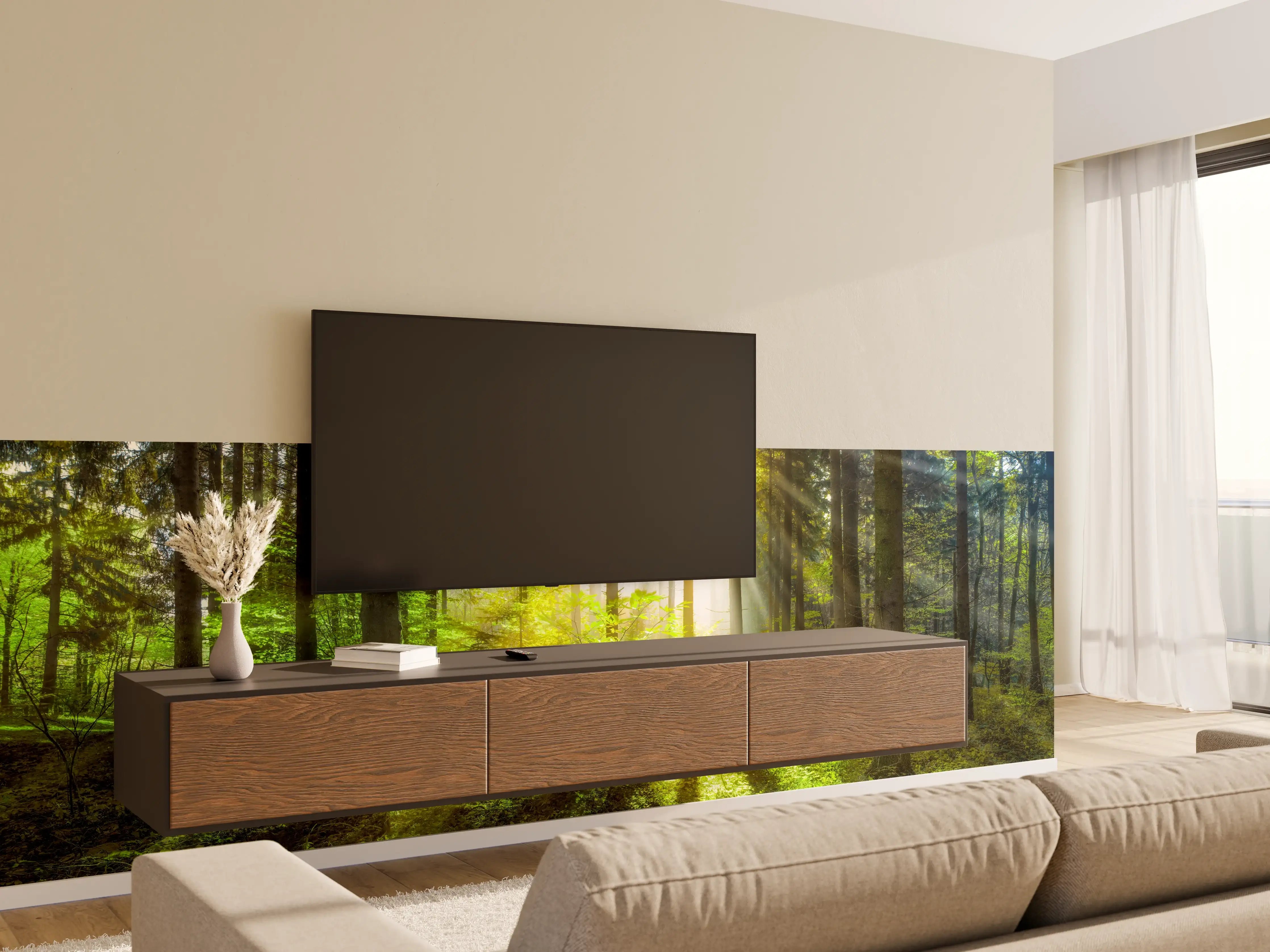 Wandverkleidung Wohnzimmer - Sonnenstrahlen im lebendigem Wald 