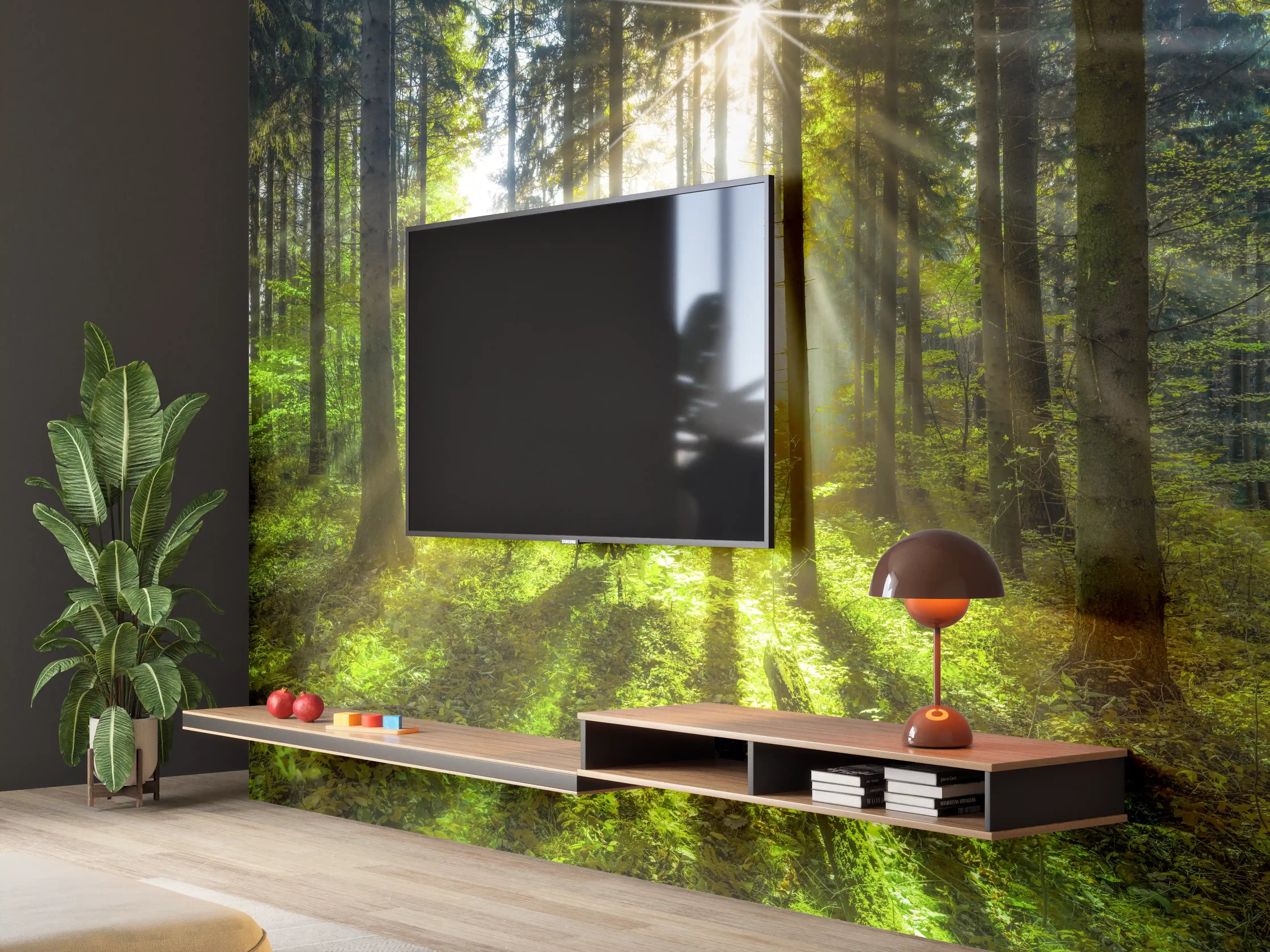 Wandverkleidung Wohnzimmer - Sonnenstrahlen im lebendigem Wald 