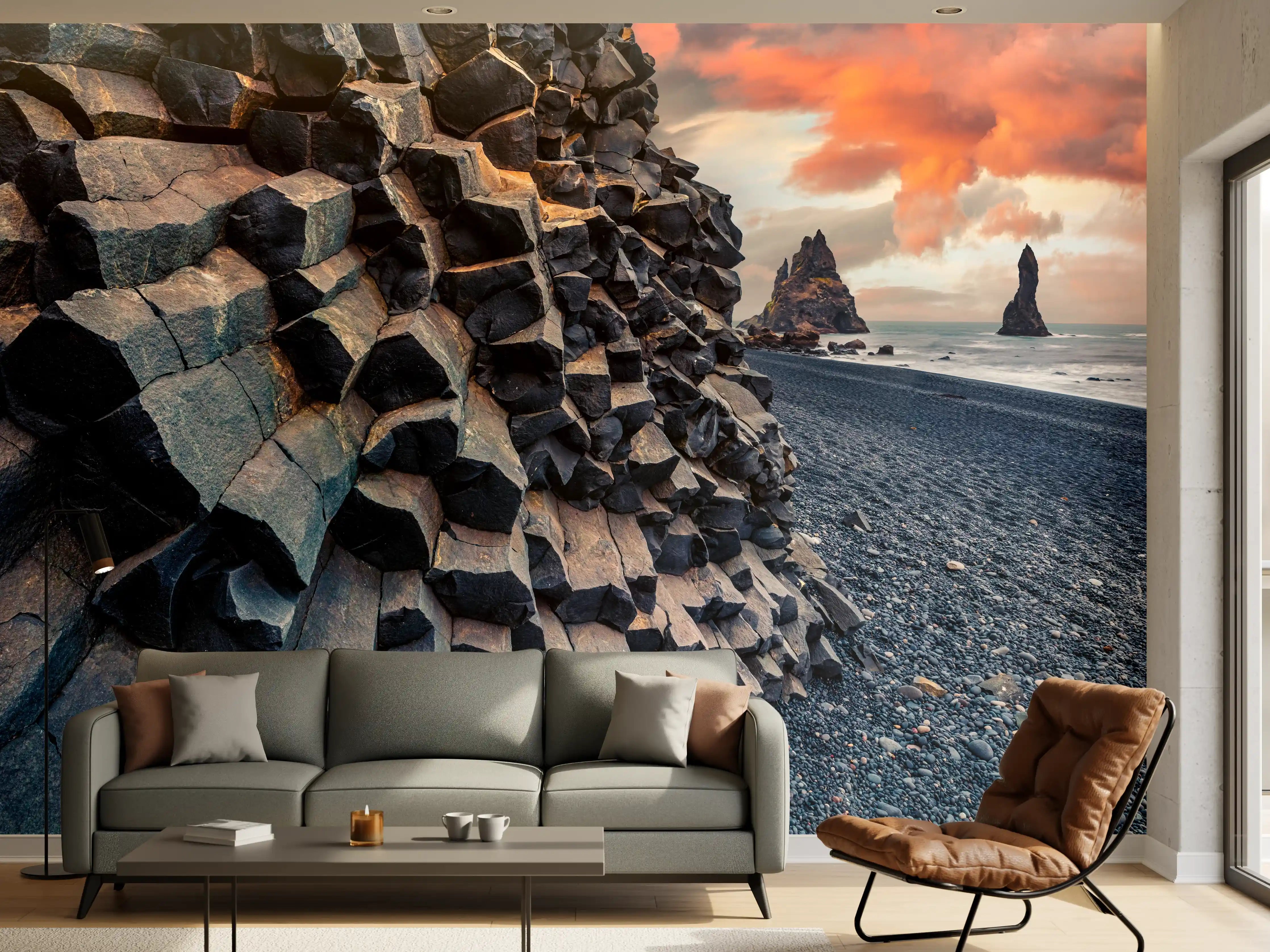 Wandverkleidung Wohnzimmer - Sonnenuntergang - Reynisdrangar, Atlantischer Ozean