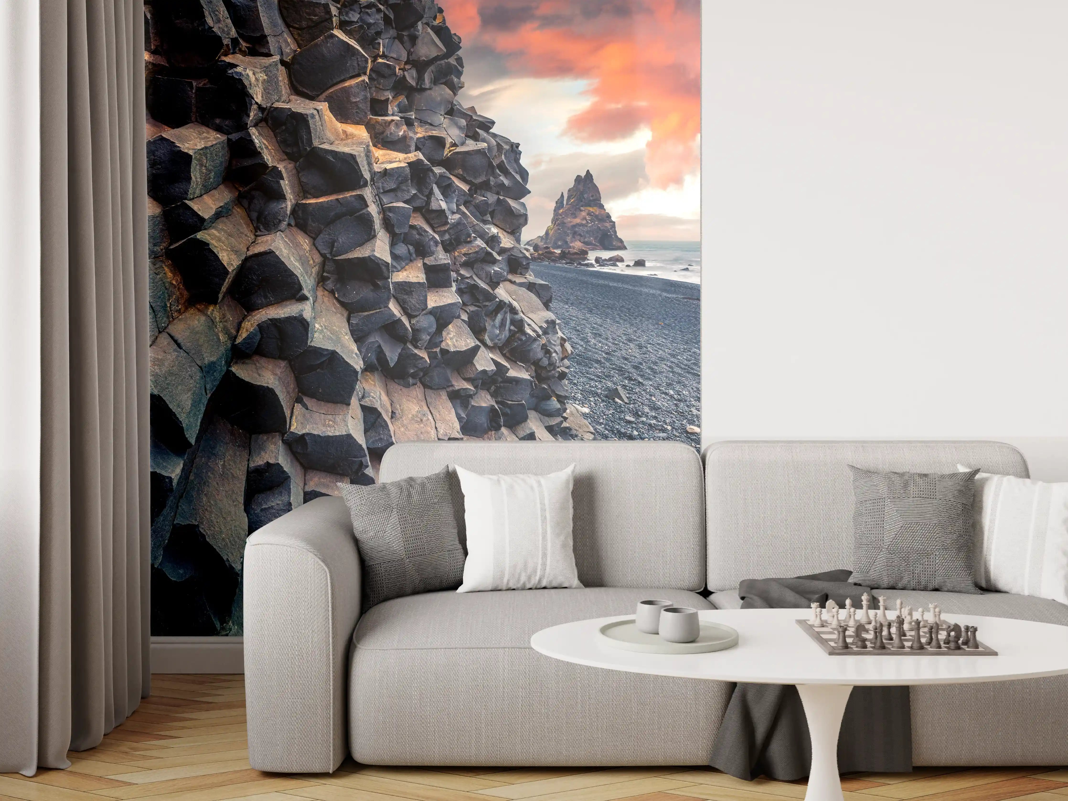 Wandverkleidung Wohnzimmer - Sonnenuntergang - Reynisdrangar, Atlantischer Ozean