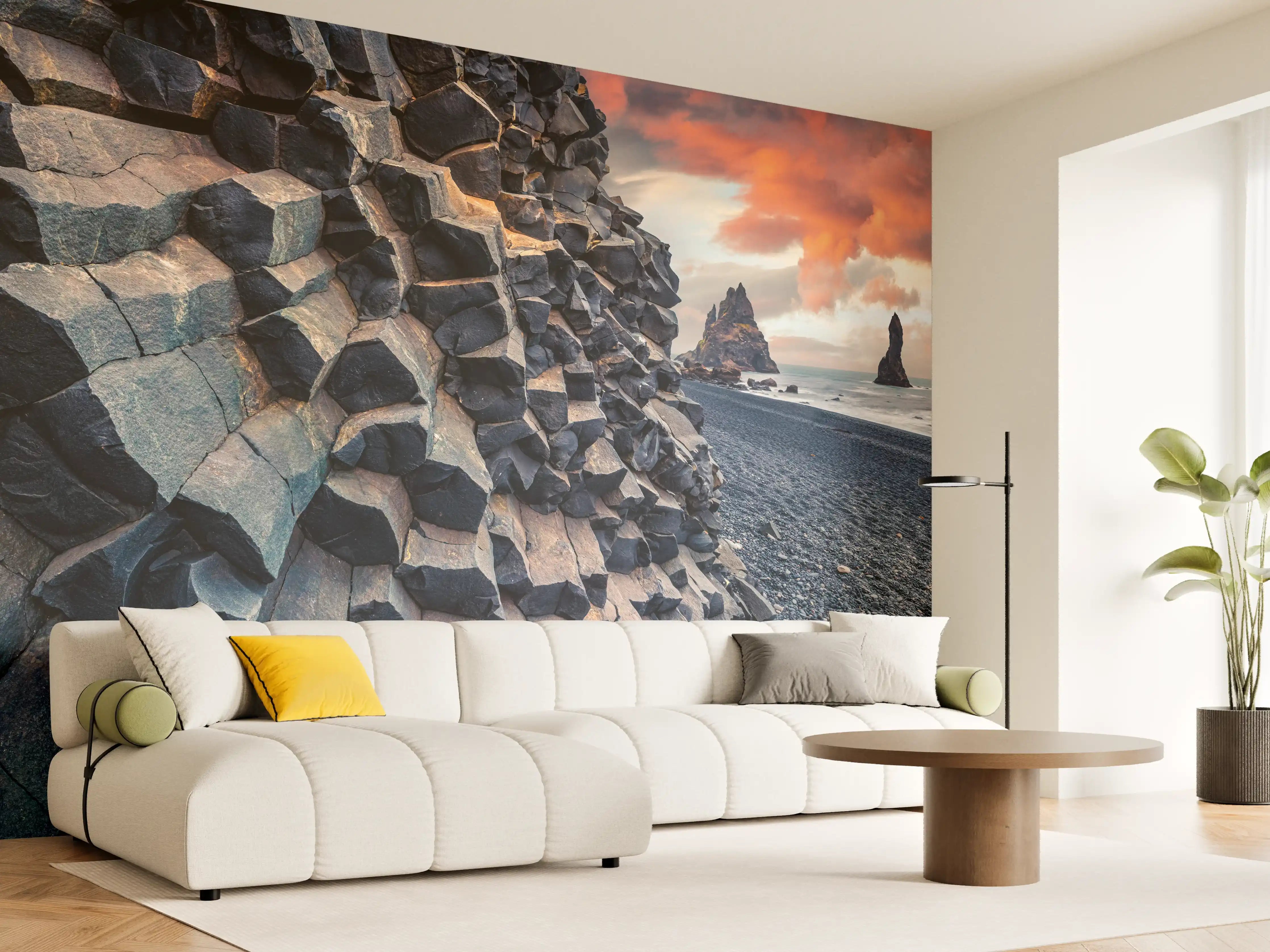Wandverkleidung Wohnzimmer - Sonnenuntergang - Reynisdrangar, Atlantischer Ozean