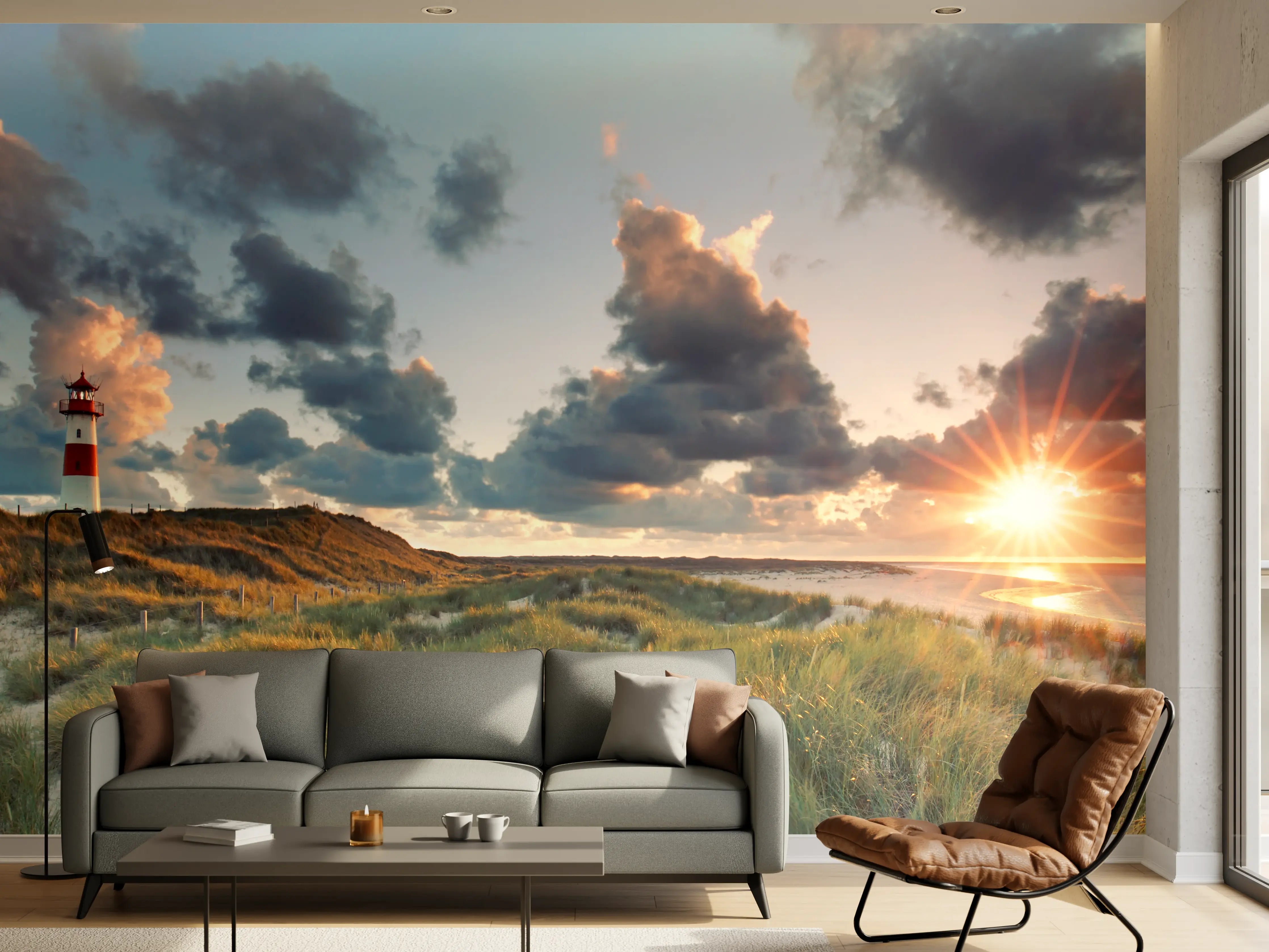 Wandverkleidung Wohnzimmer - Sonnenuntergang am Leuchtturm an der Küste