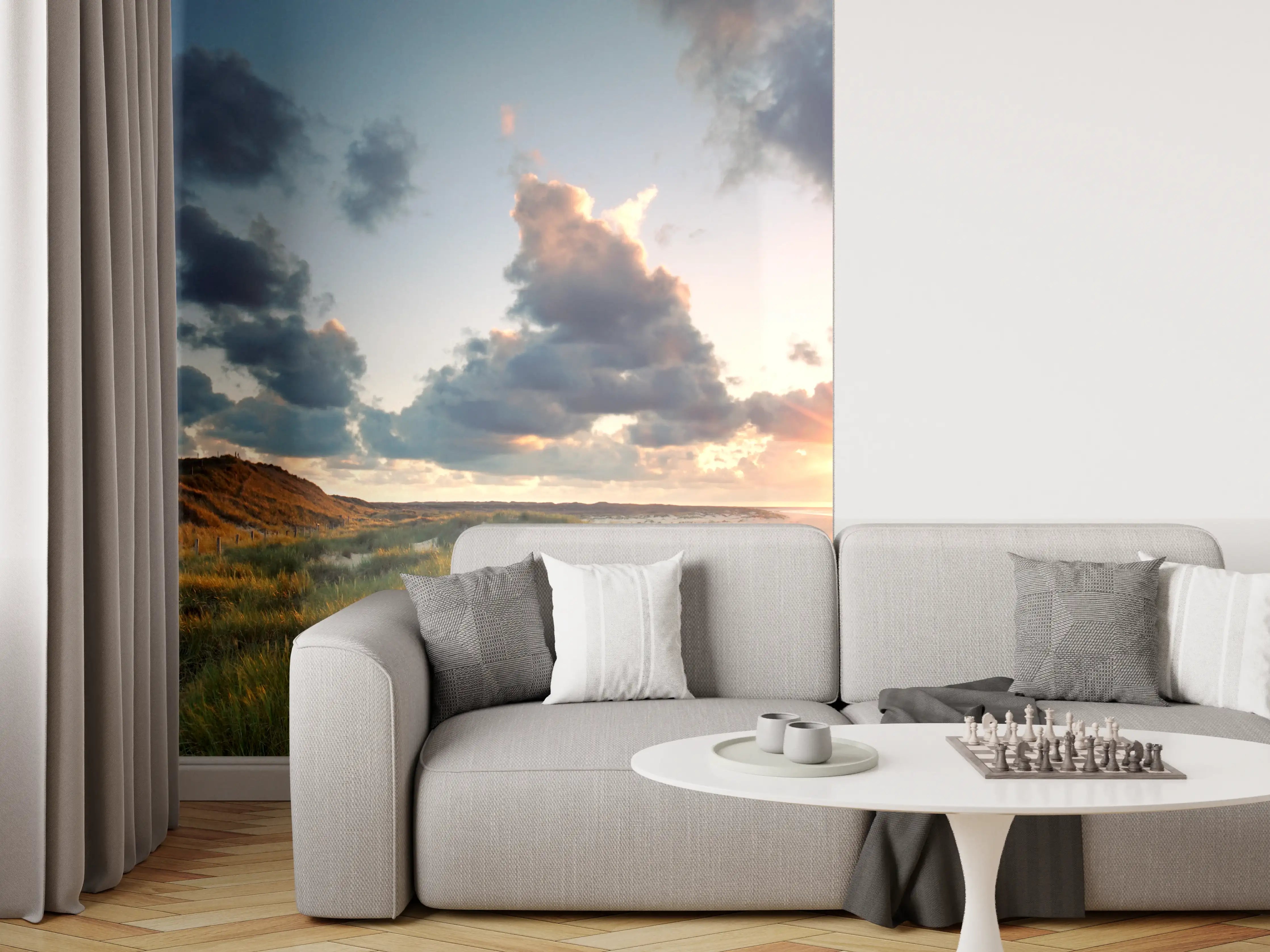Wandverkleidung Wohnzimmer - Sonnenuntergang am Leuchtturm an der Küste