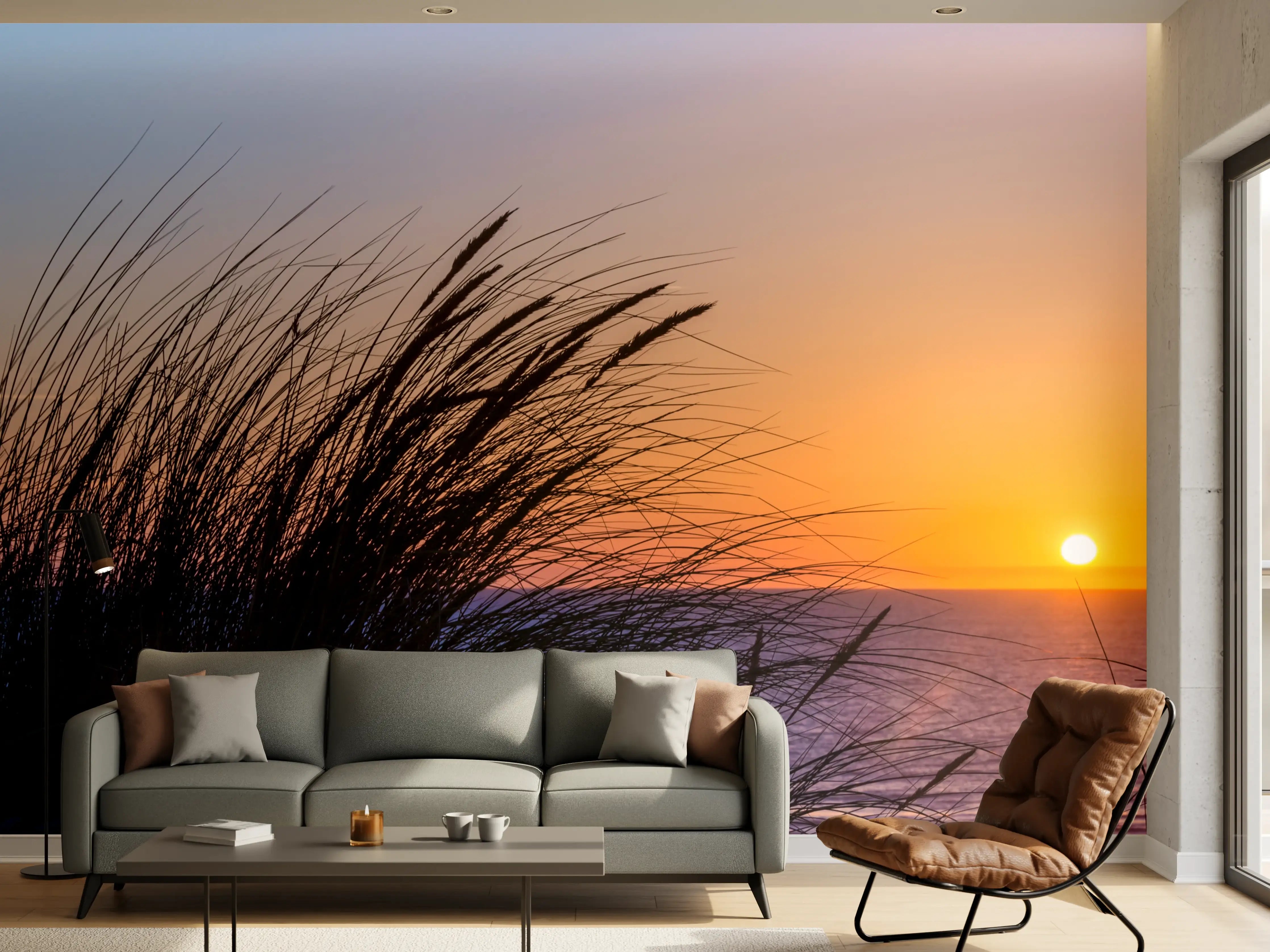 Wandverkleidung Wohnzimmer - Sonnenuntergang am Meer mit Gräsern