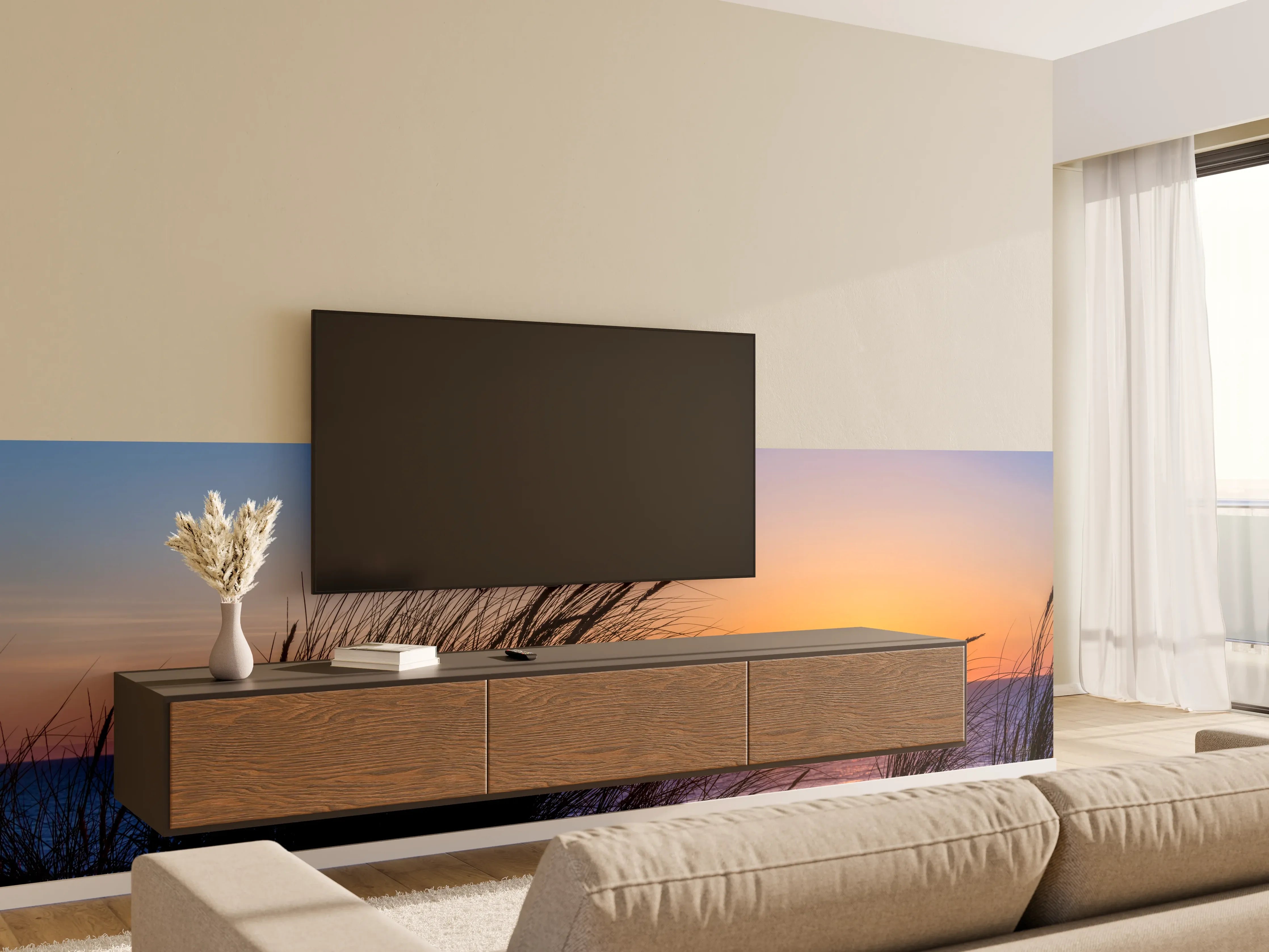 Wandverkleidung Wohnzimmer - Sonnenuntergang am Meer mit Gräsern