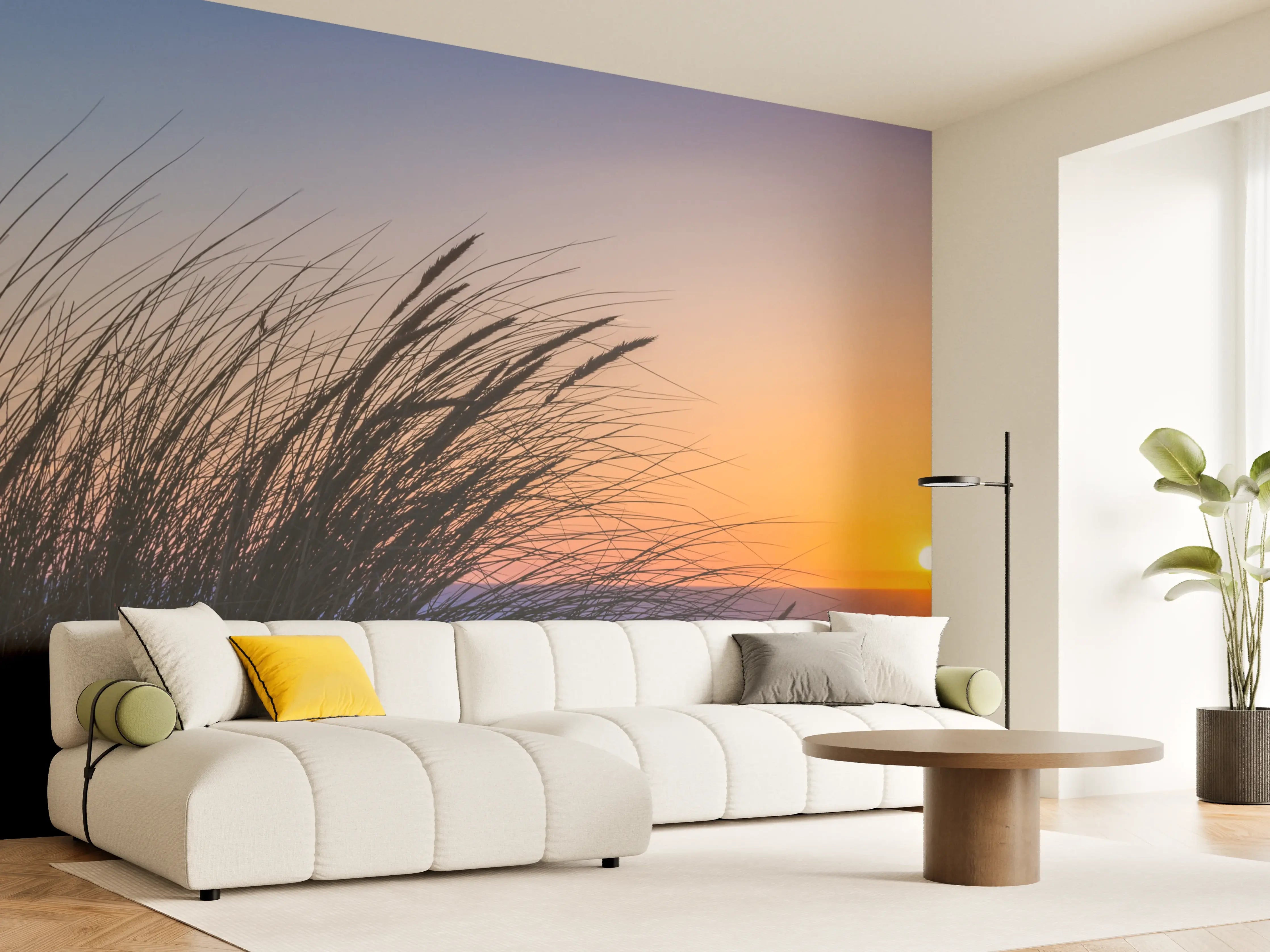 Wandverkleidung Wohnzimmer - Sonnenuntergang am Meer mit Gräsern