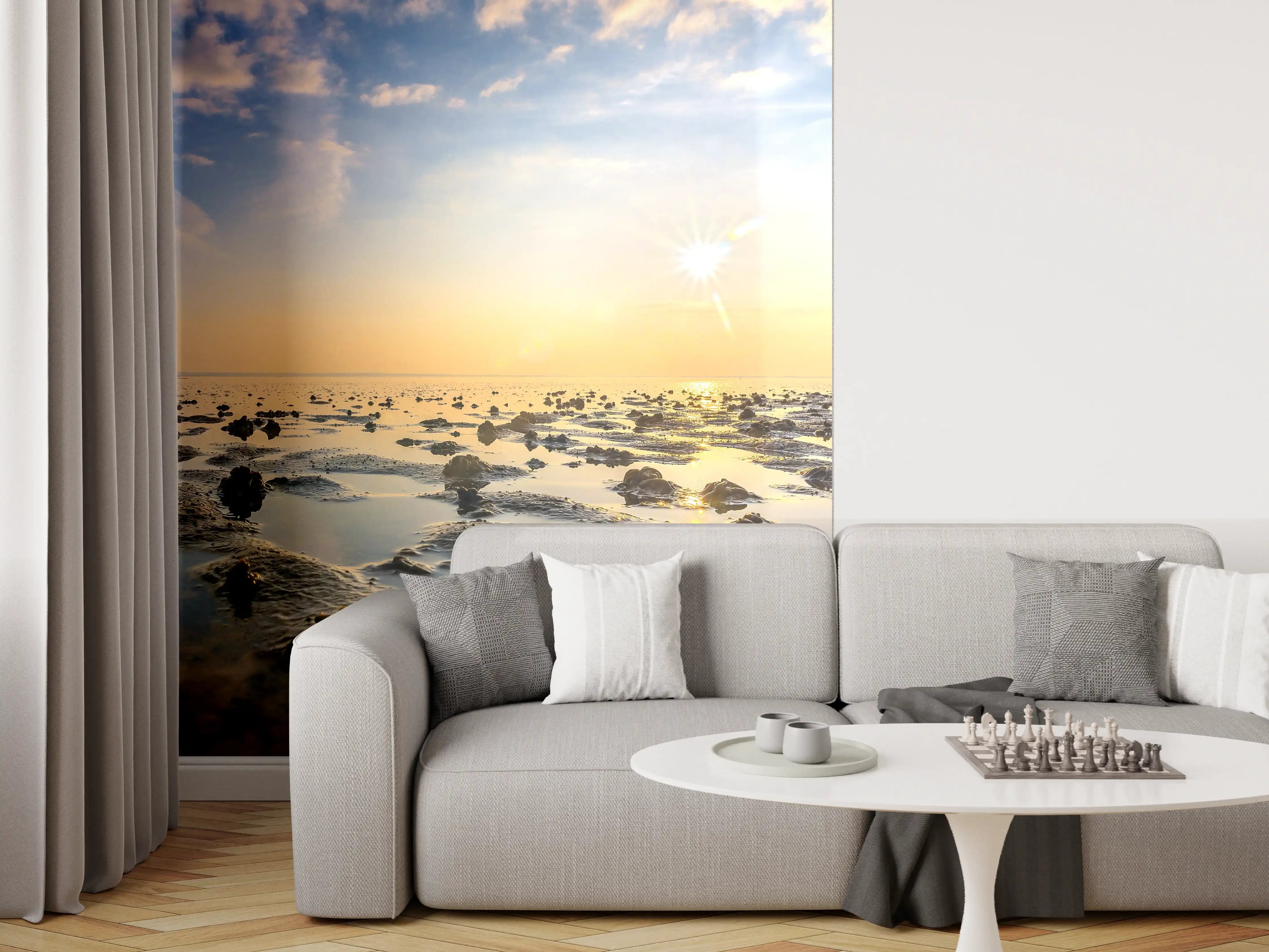 Wandverkleidung Wohnzimmer - Sonnenuntergang am Meeresufer mit Watt
