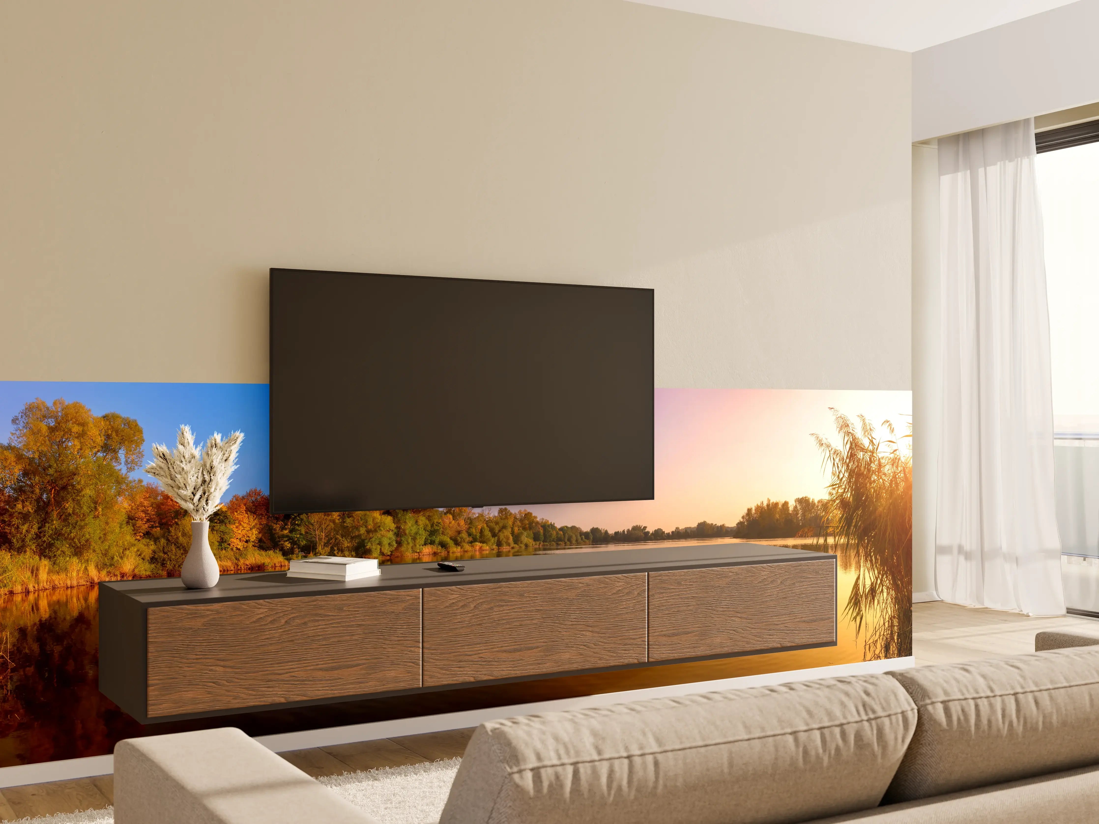 Wandverkleidung Wohnzimmer - Sonnenuntergang am See
