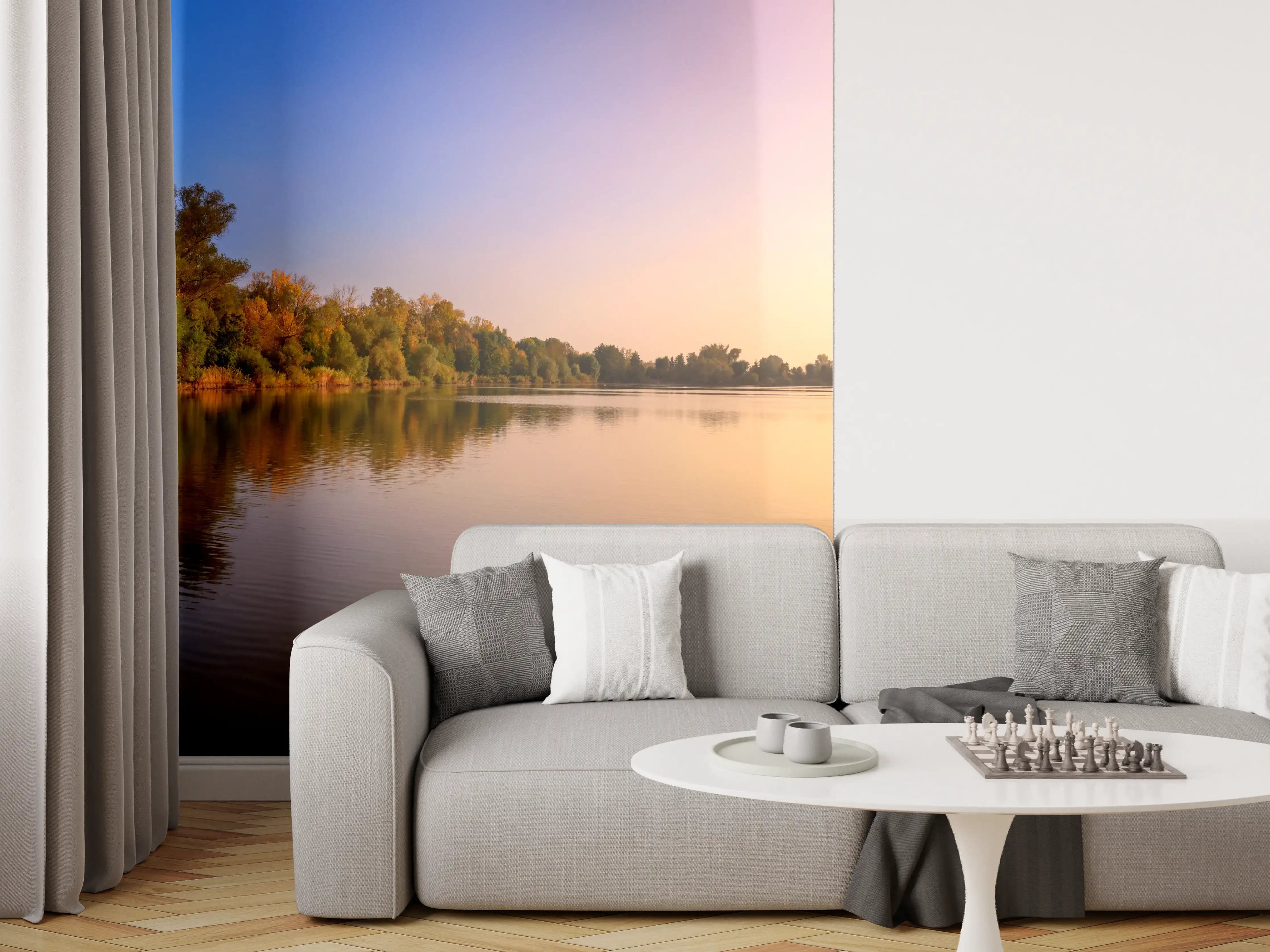 Wandverkleidung Wohnzimmer - Sonnenuntergang am See