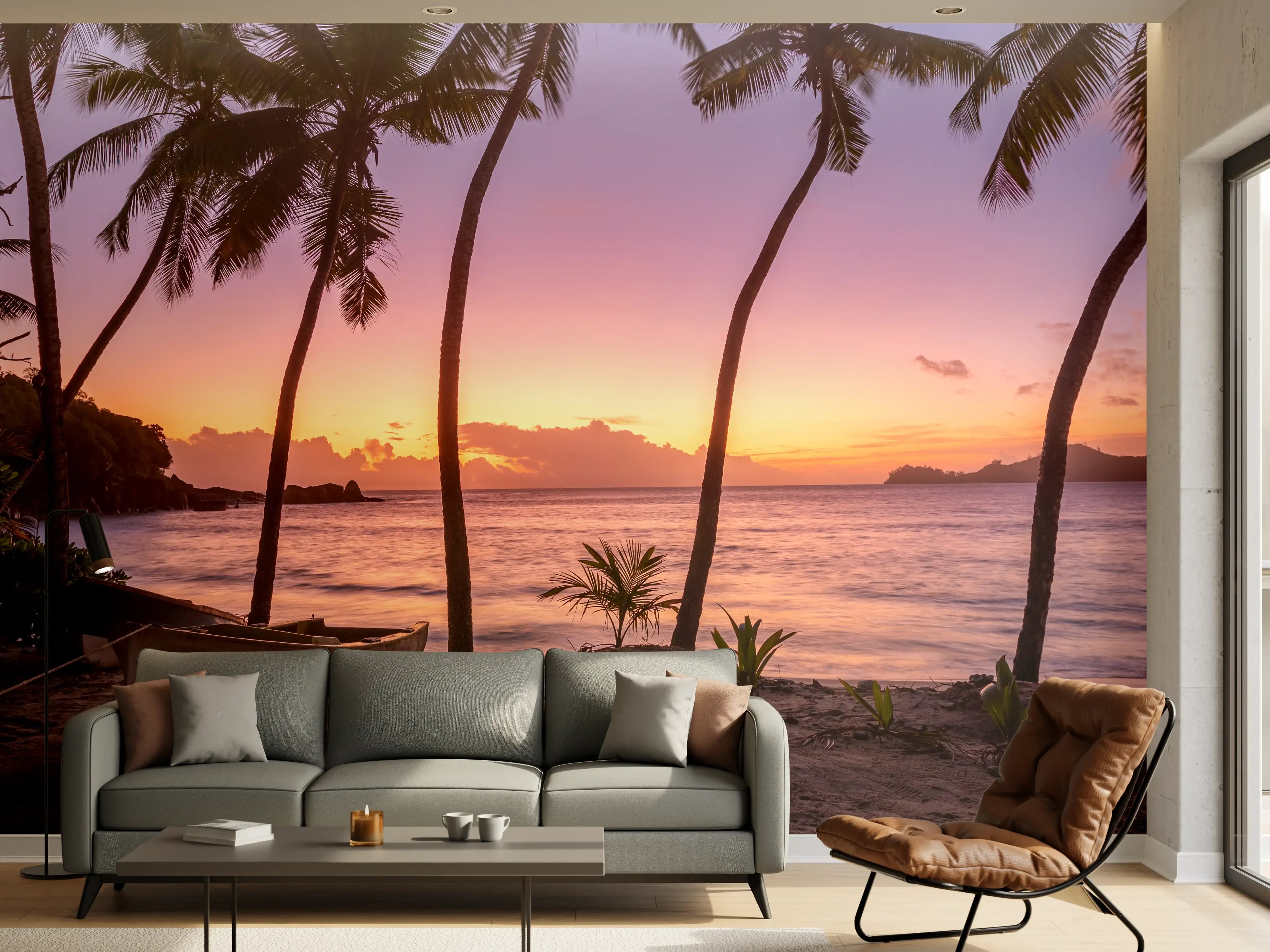 Wandverkleidung Wohnzimmer - Sonnenuntergang am Strand Anse Takamaka