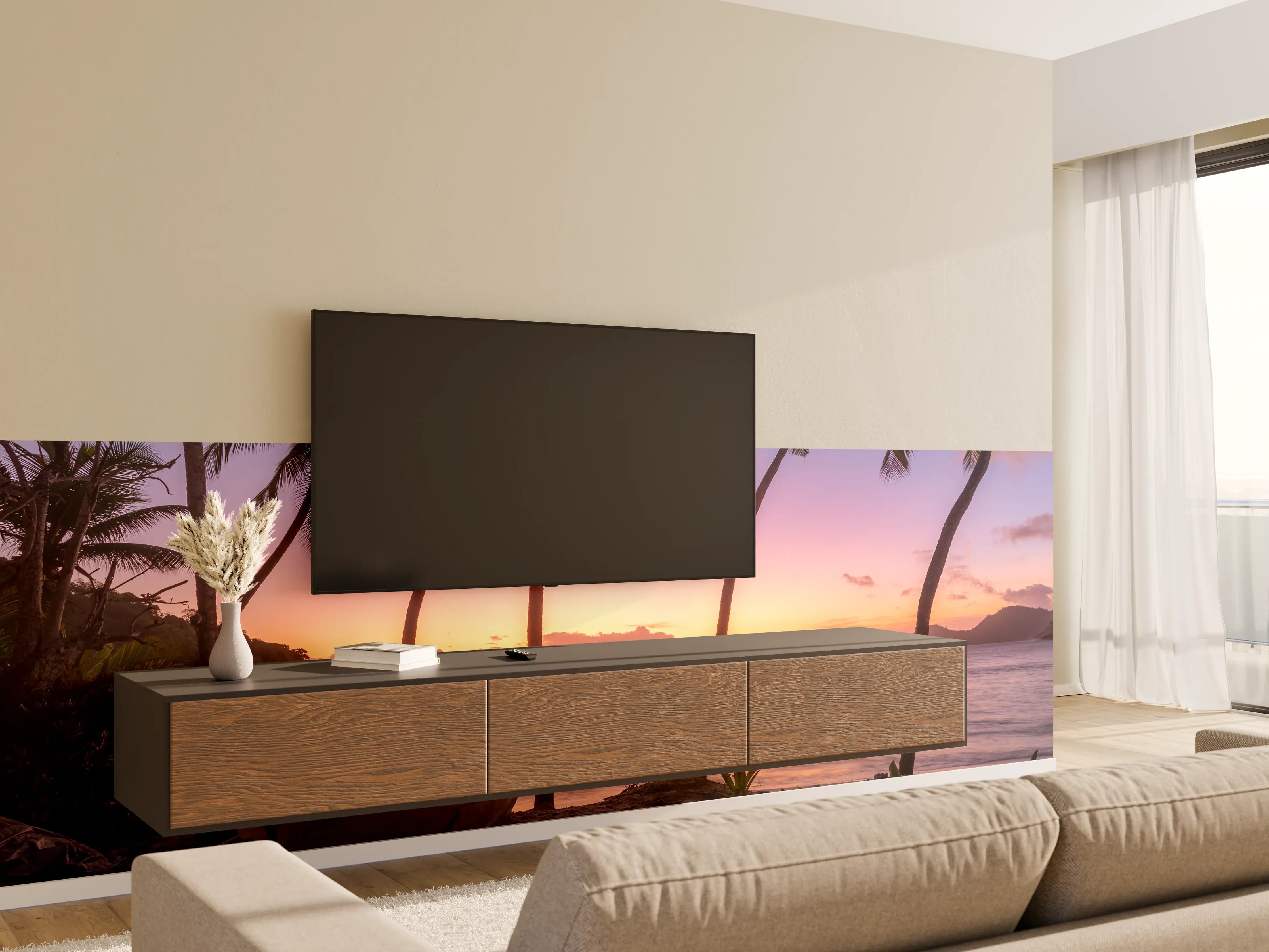 Wandverkleidung Wohnzimmer - Sonnenuntergang am Strand Anse Takamaka