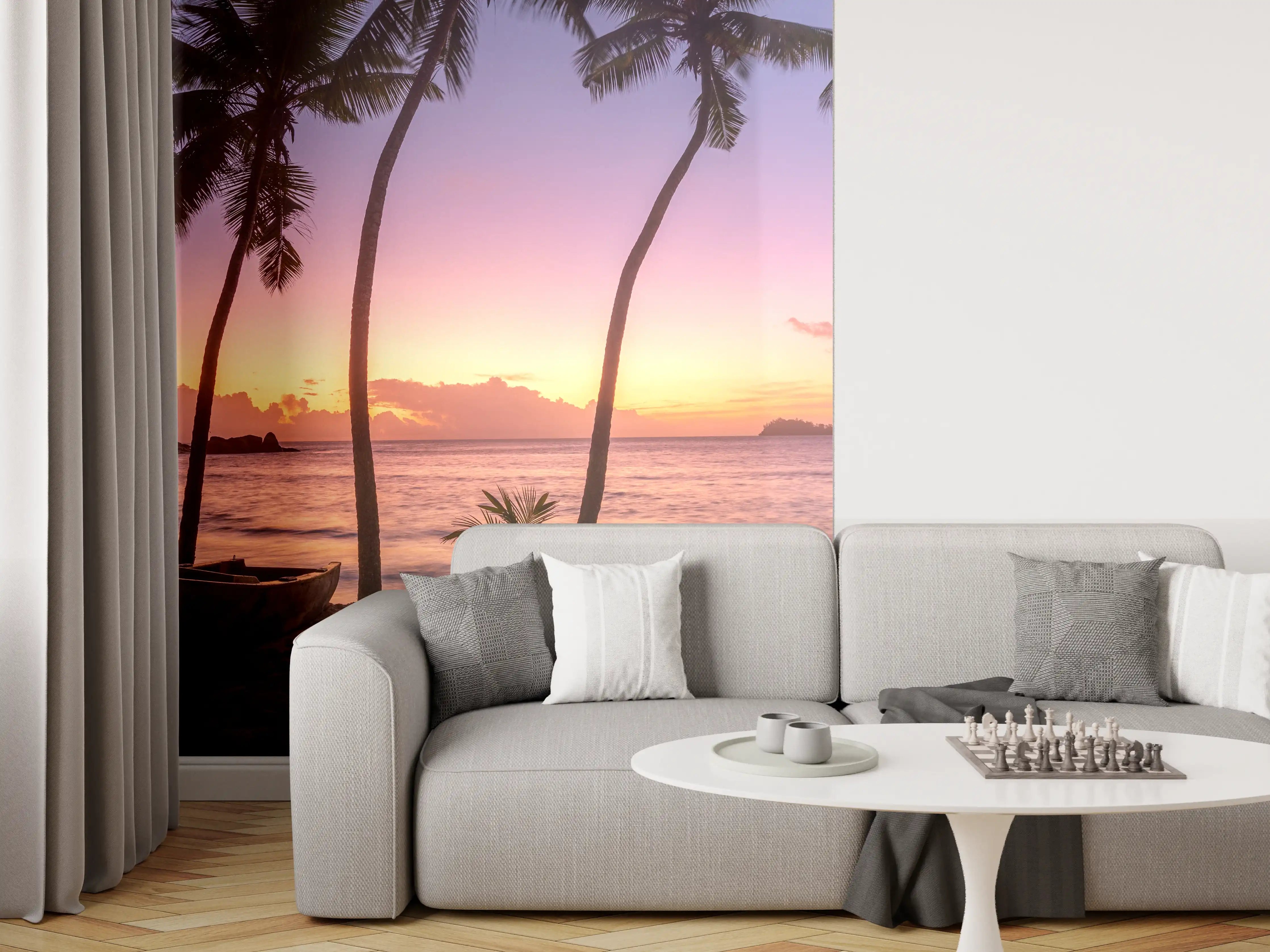 Wandverkleidung Wohnzimmer - Sonnenuntergang am Strand Anse Takamaka
