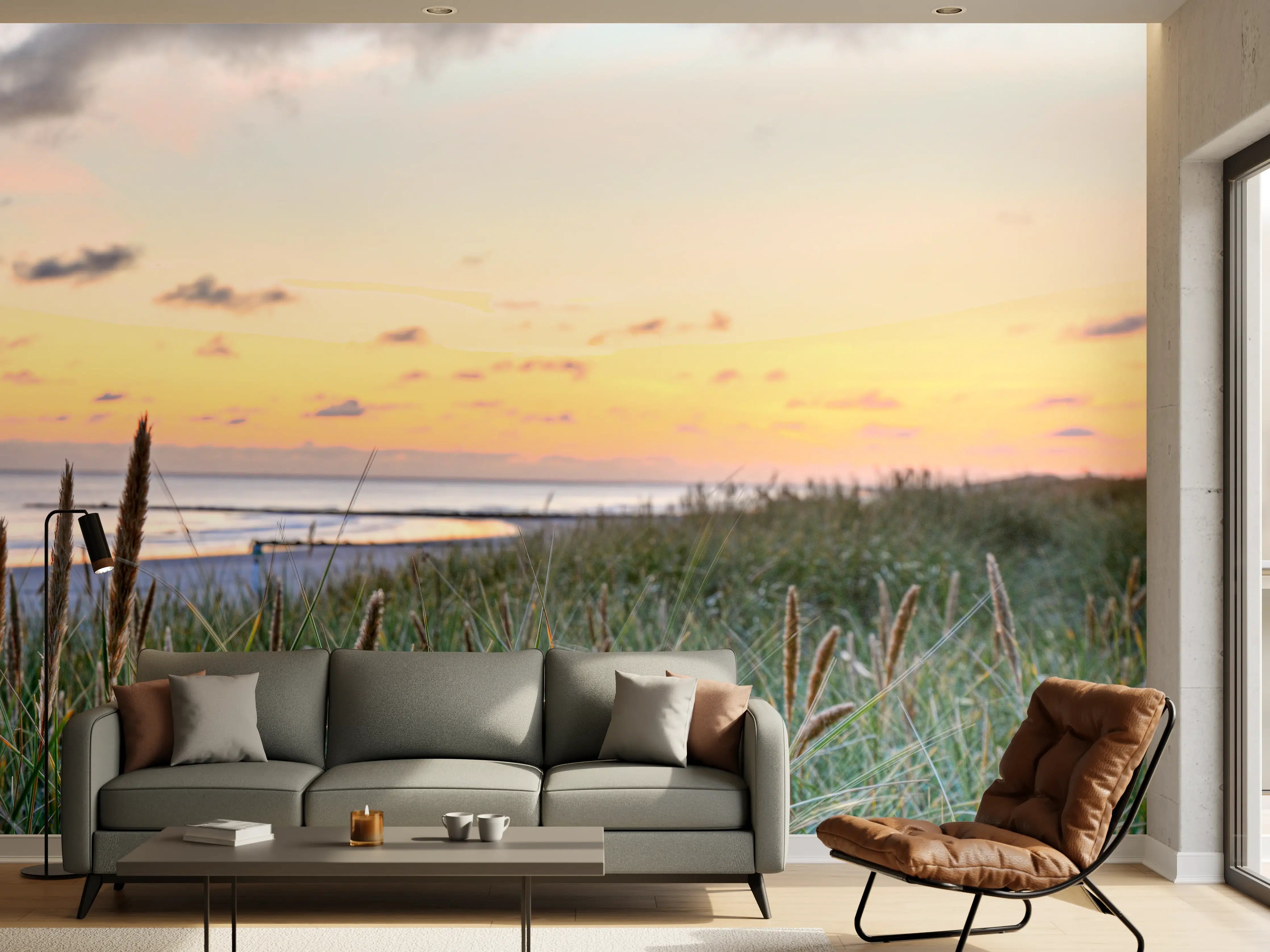 Wandverkleidung Wohnzimmer - Sonnenuntergang am Strand mit Dünen