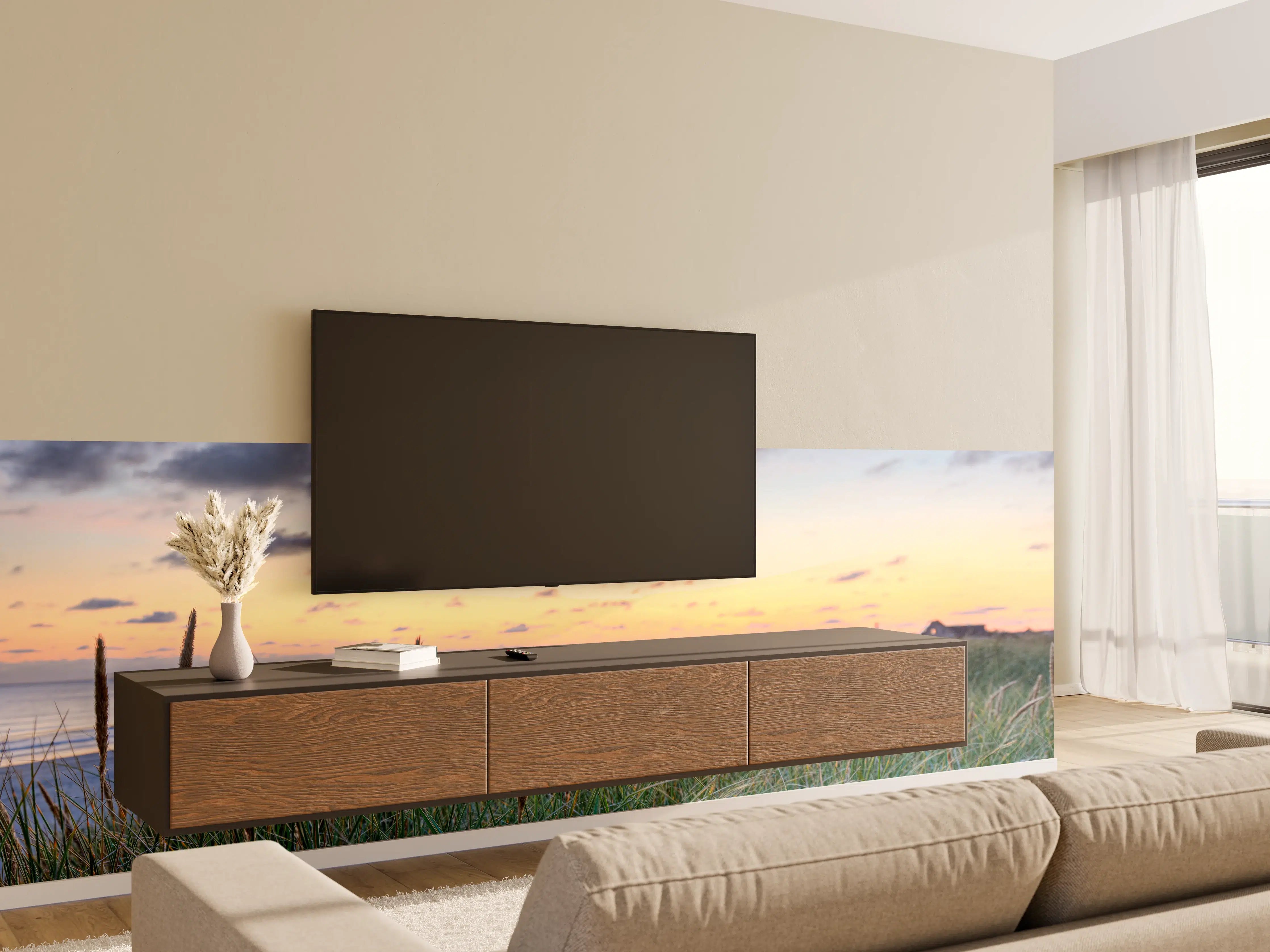 Wandverkleidung Wohnzimmer - Sonnenuntergang am Strand mit Dünen